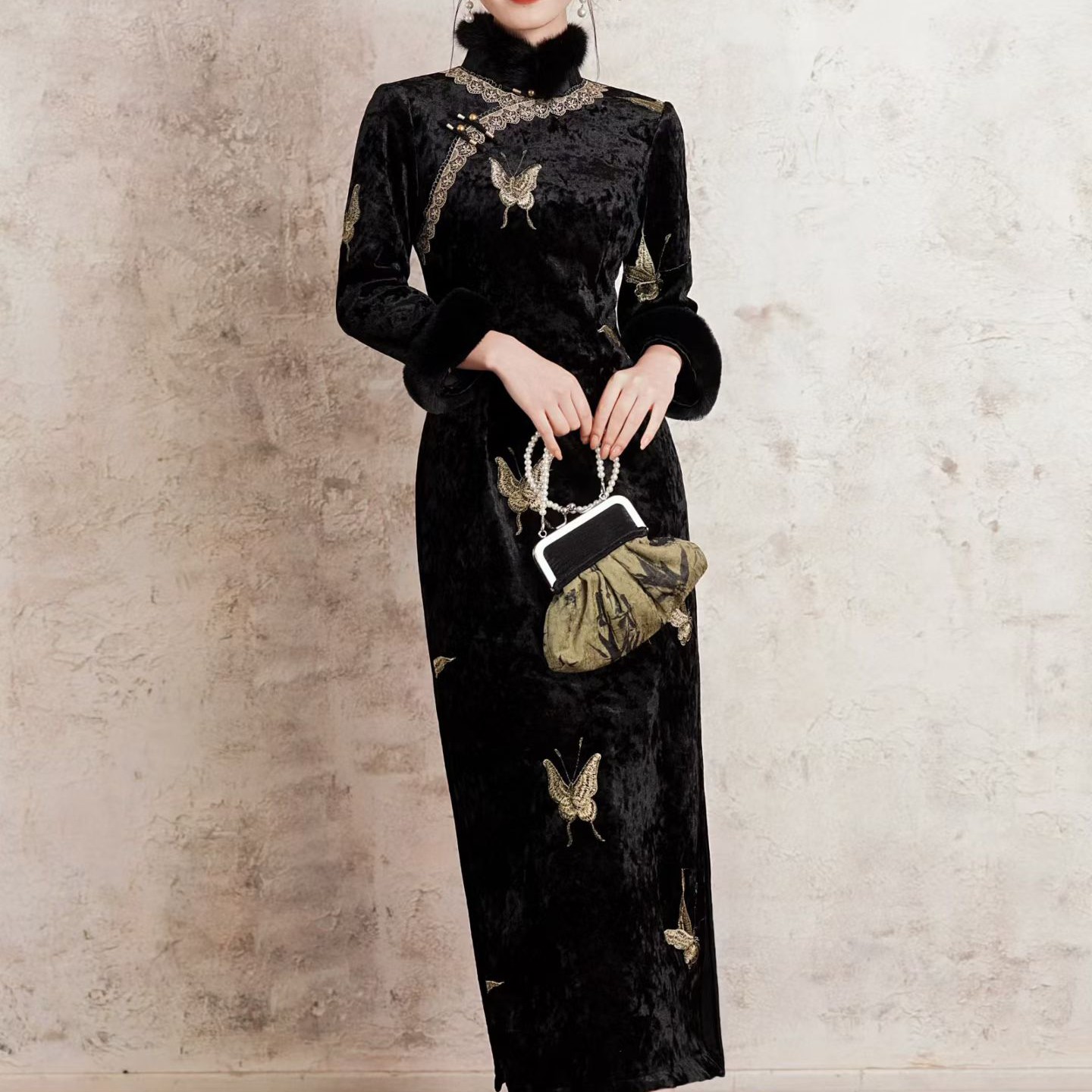 新中式国风加绒加厚秋冬长款显瘦日常复古旗袍