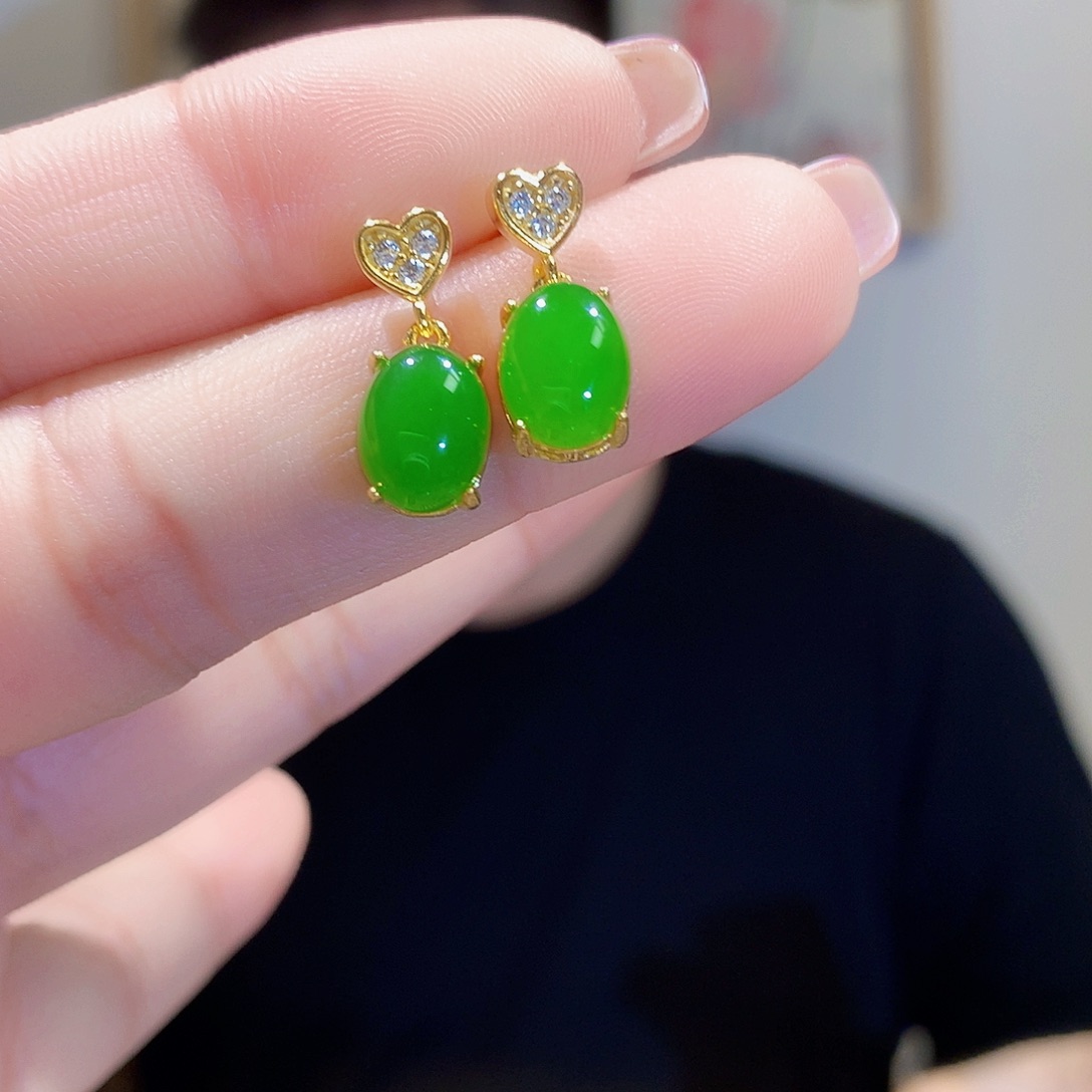 和田玉（碧玉）耳饰银S925镀金镶嵌