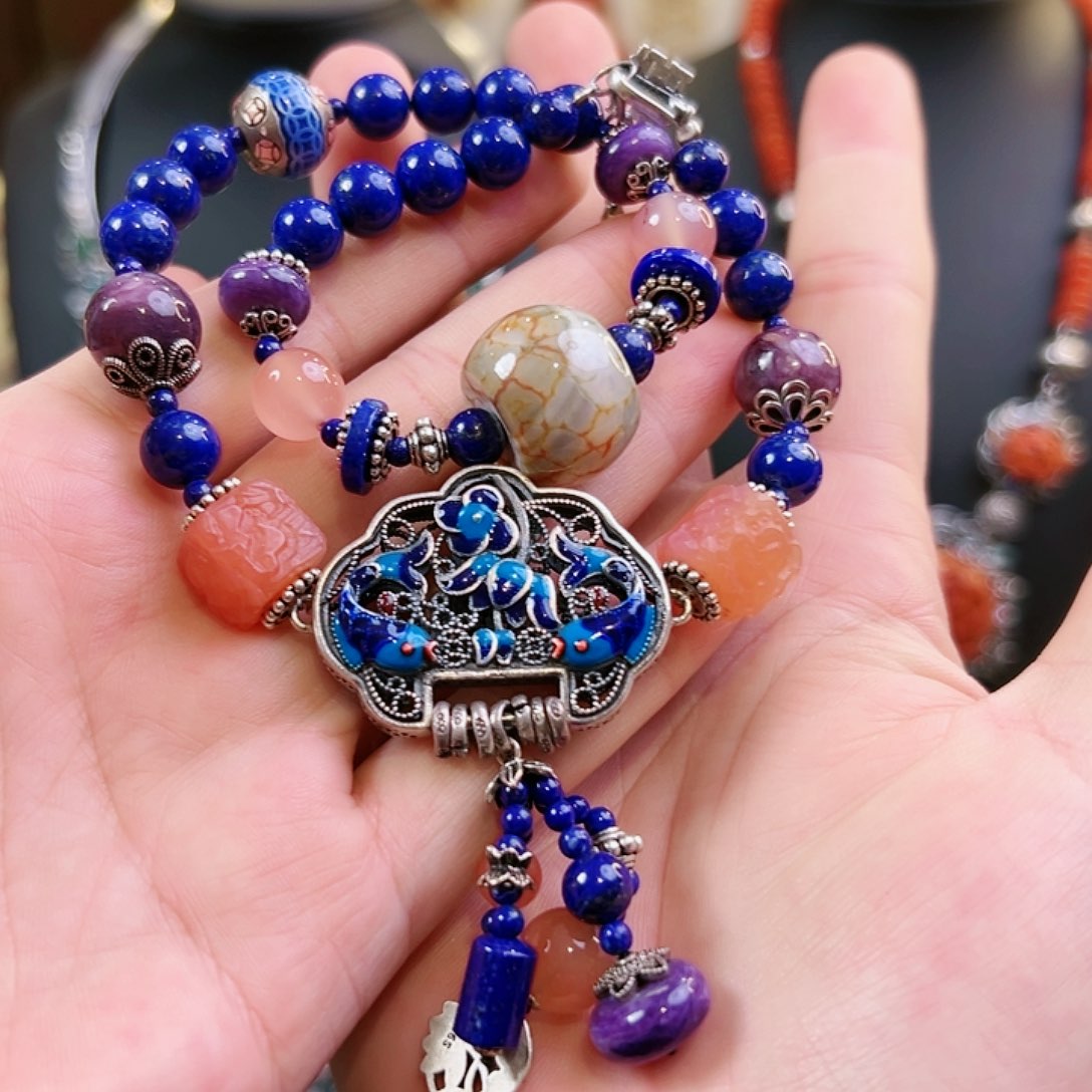 青金石手链银S925镶嵌手链