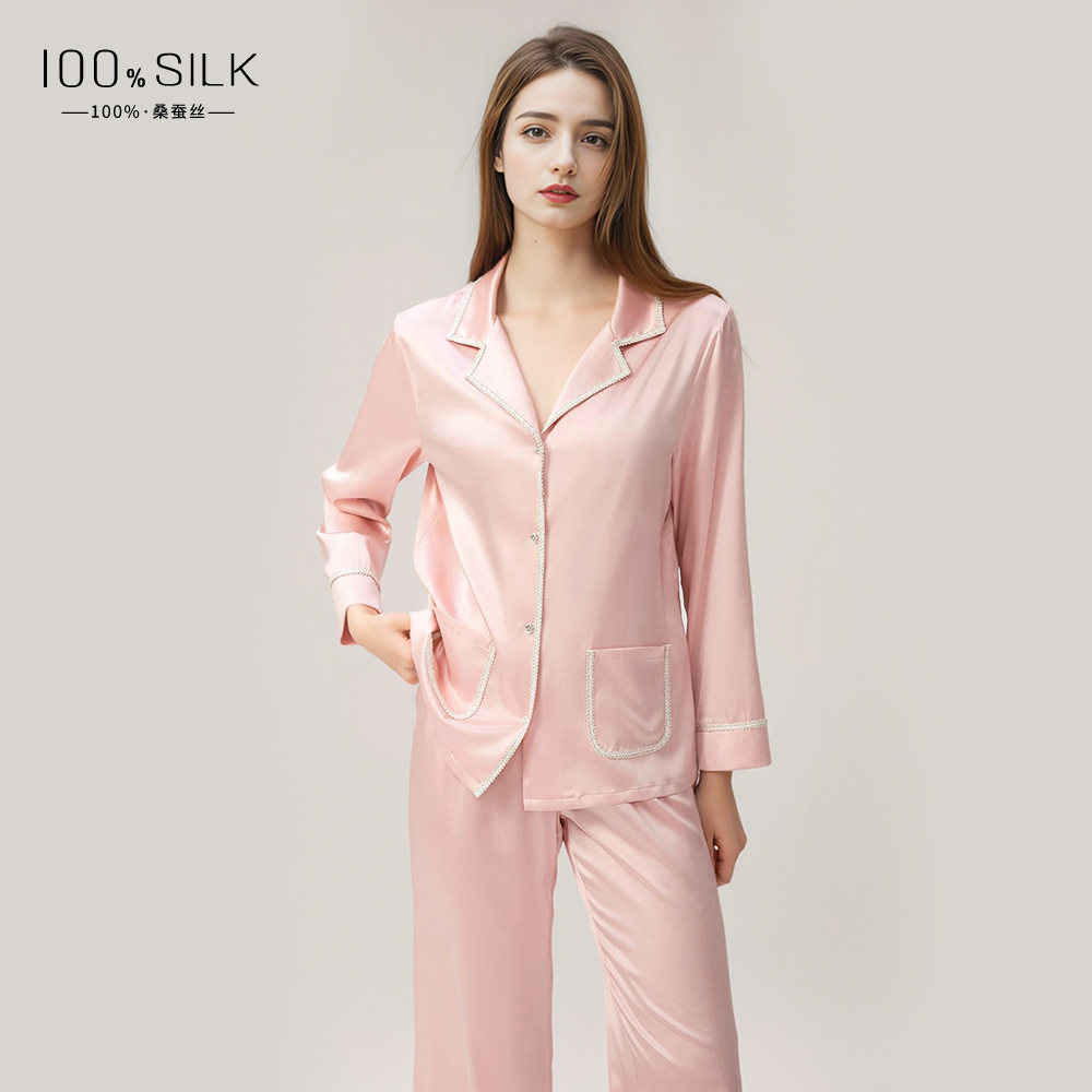 重磅真丝睡衣女秋冬款长袖长裤两件套100%桑蚕丝家居服套装2179