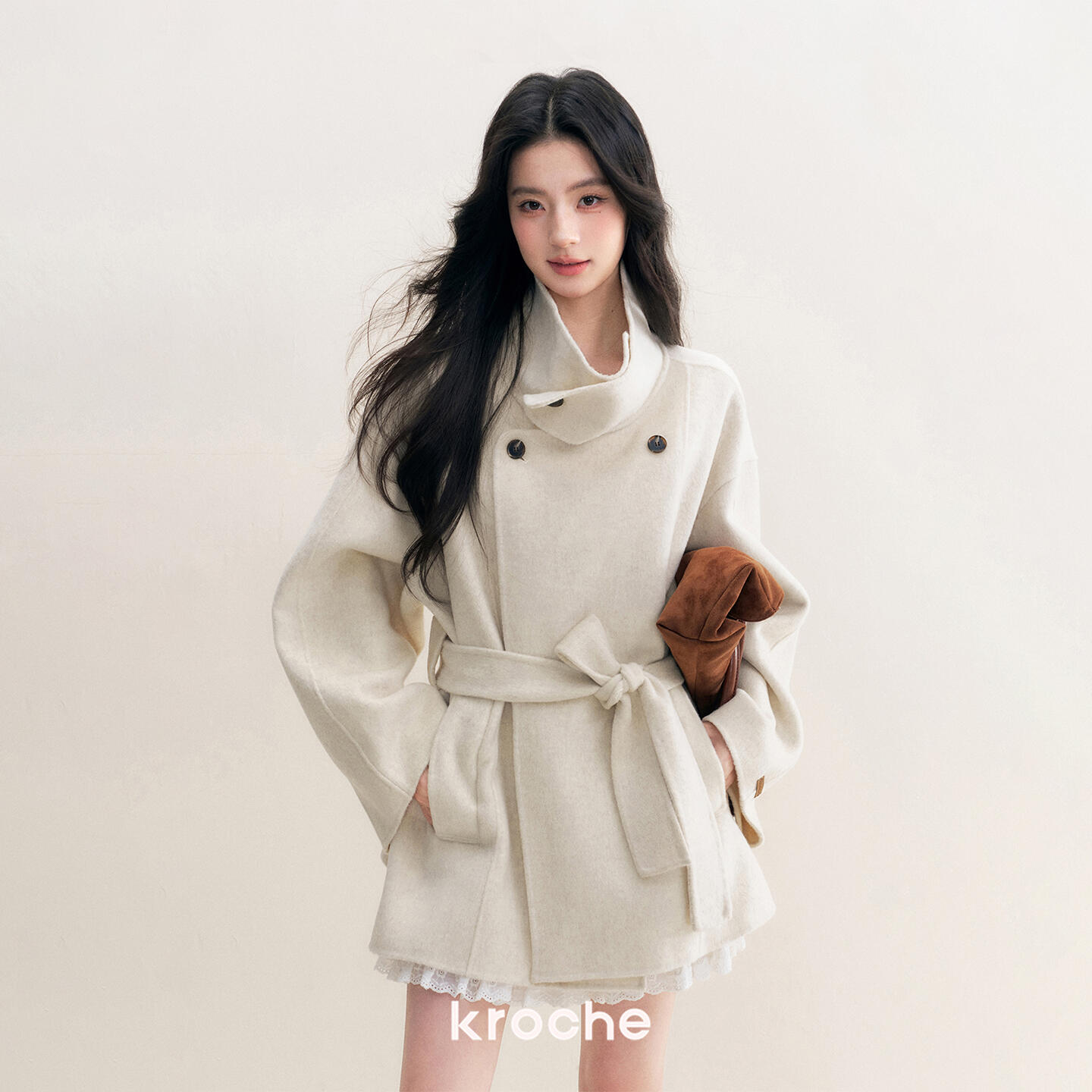 【雪宝专属】Kroche 25aw 绒化入冬 立领双面呢香白宽松大衣外套
