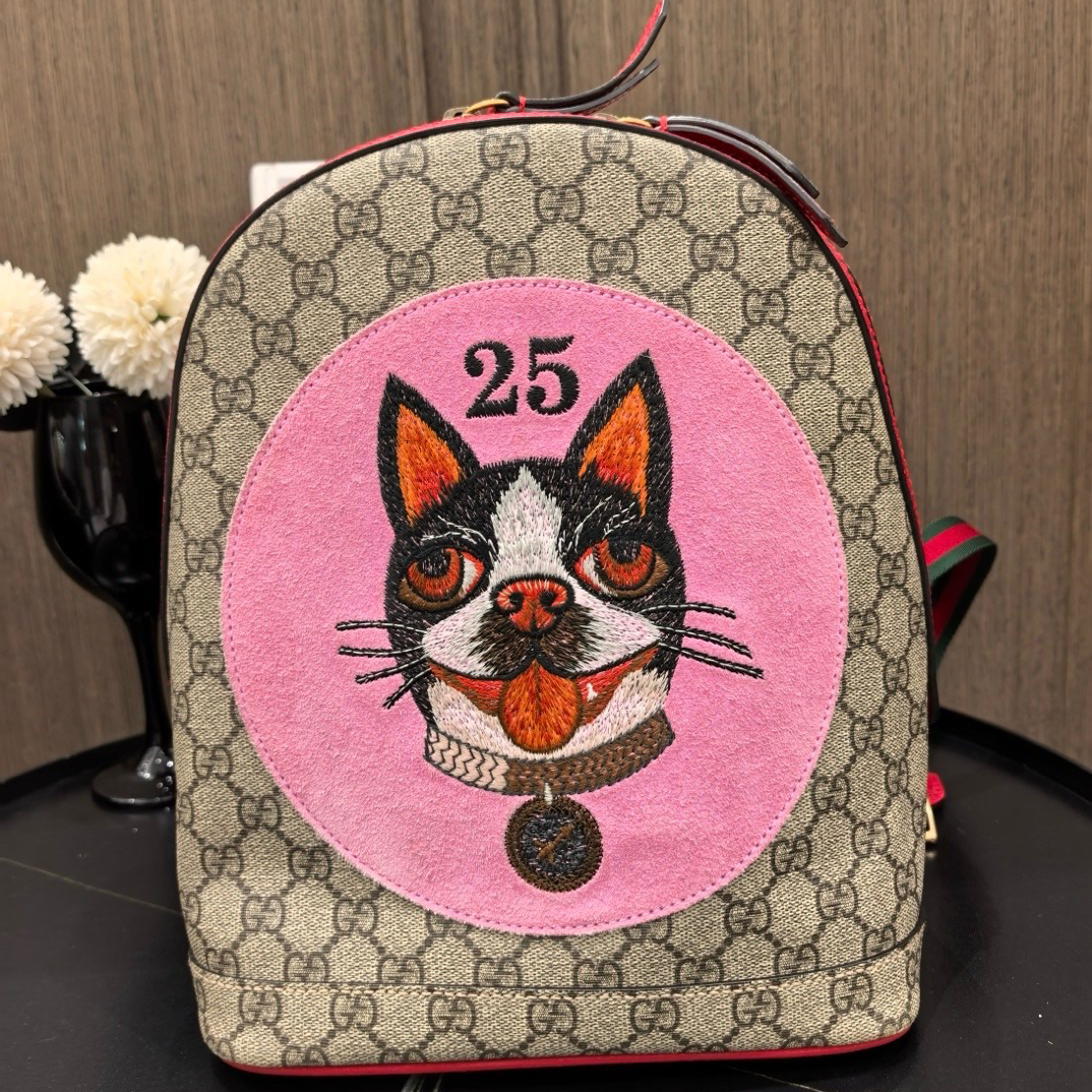 95新 GUCCI/古驰 古驰绝版粉色狗头双肩包（16158211）