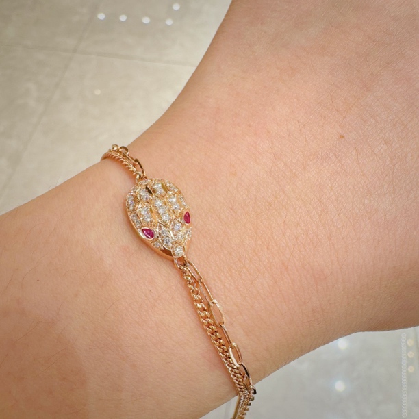 通体18K金镶嵌天然钻石红宝石蛇头手链 双层手链灵蛇精致镶钻