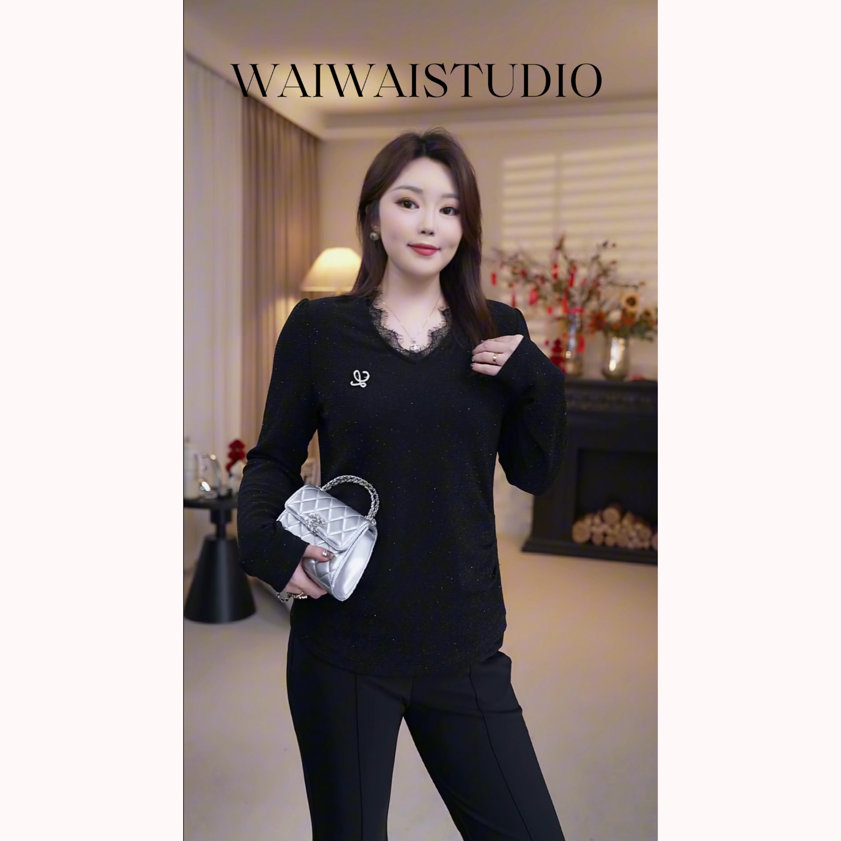 【优雅女士】显瘦烫钻针织V领花边精致百搭长袖上衣 25S118