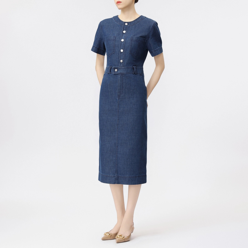 AMASS/阿玛施 新款复古气质显瘦蓝色女装休闲牛仔连衣裙5500537