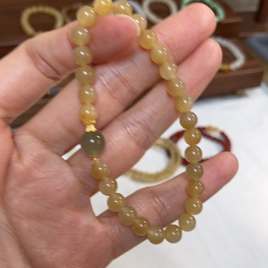 和田玉18K金镶嵌手链6mm糖白