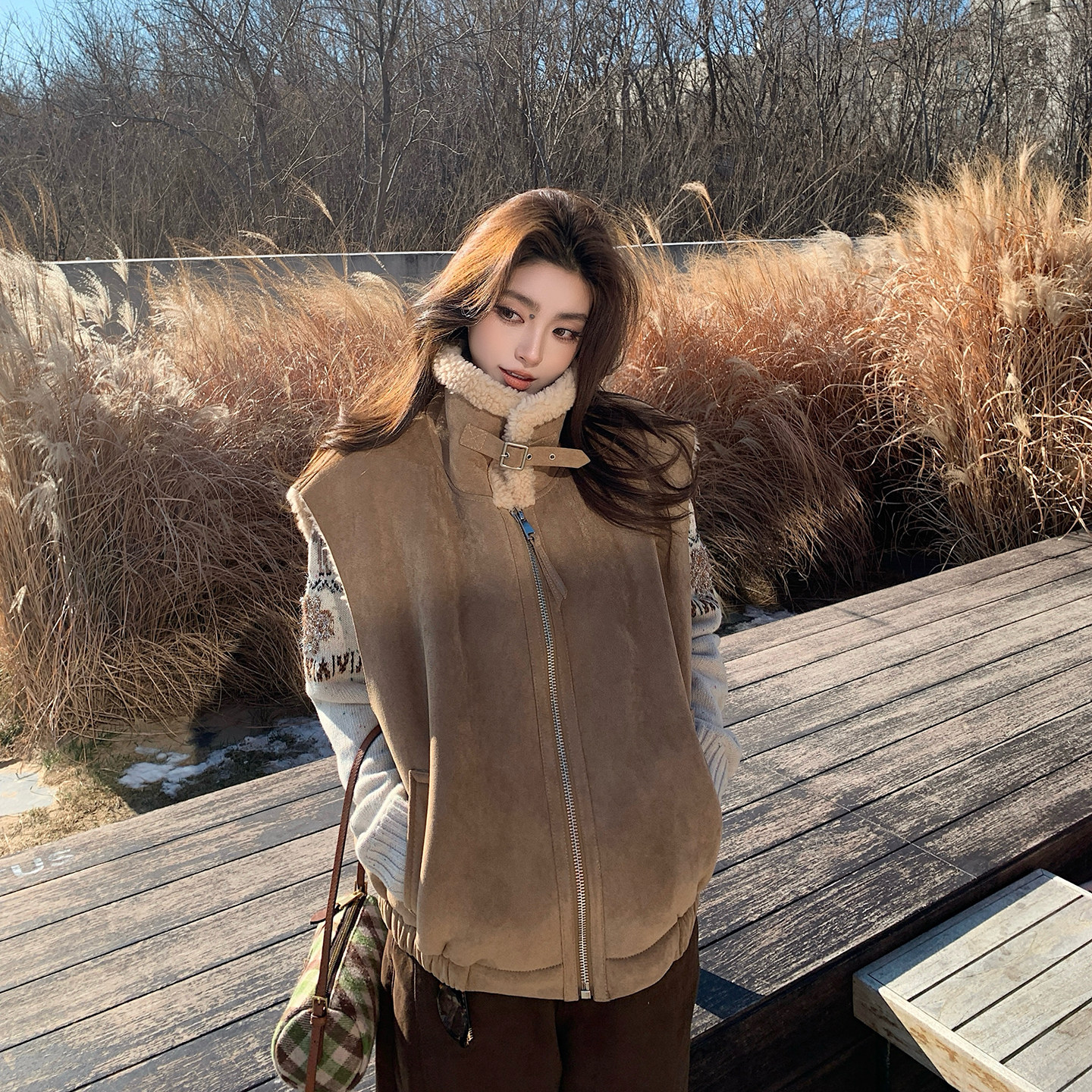 “机车羊羔毛马甲”巨暖100羊羔毛内里 韩系廓形美拉德绒面-短外套