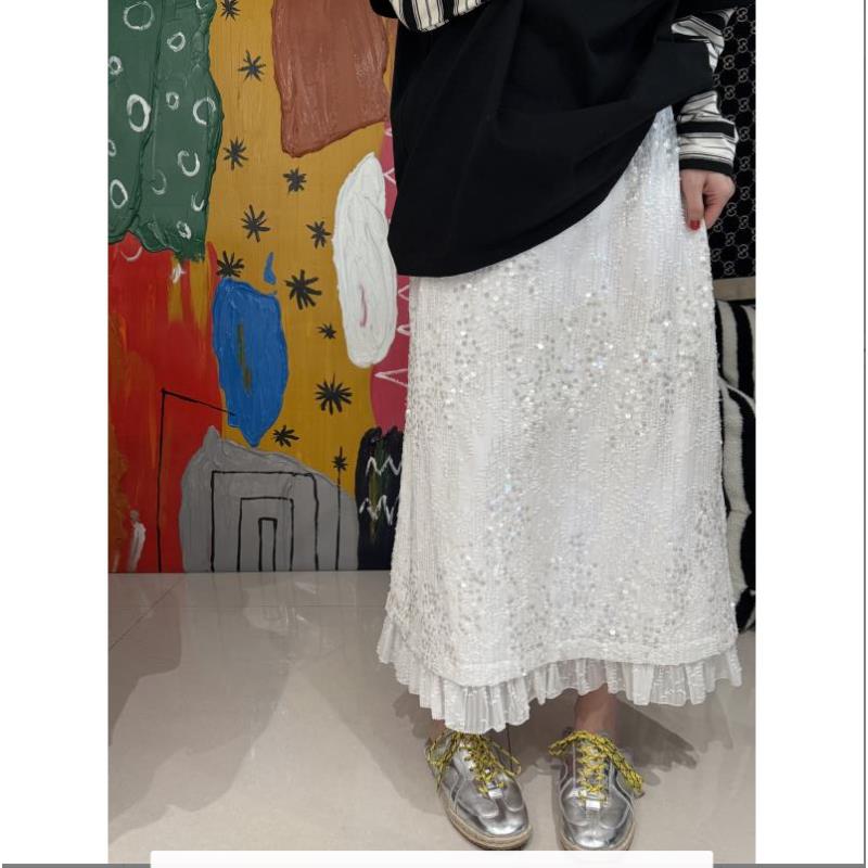 双层不规则全松紧腰亮片半裙 J24B314