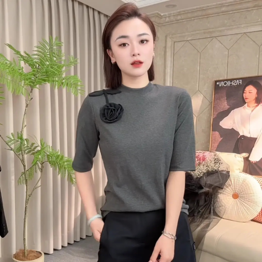 【91棉】早秋款打底衫亲肤透气圆领设计感时尚百搭中袖显瘦上衣女