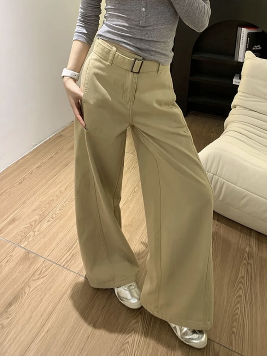 2025新款显瘦春装休闲直筒裤牛仔裤女阔腿裤卡其色高腰AM25887