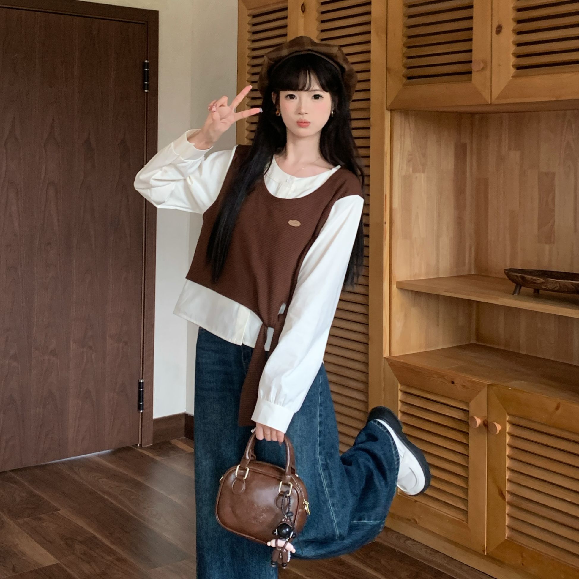 慕兔法式独特设计感假两件长袖衬衫女2025秋新款小众时尚百搭上衣