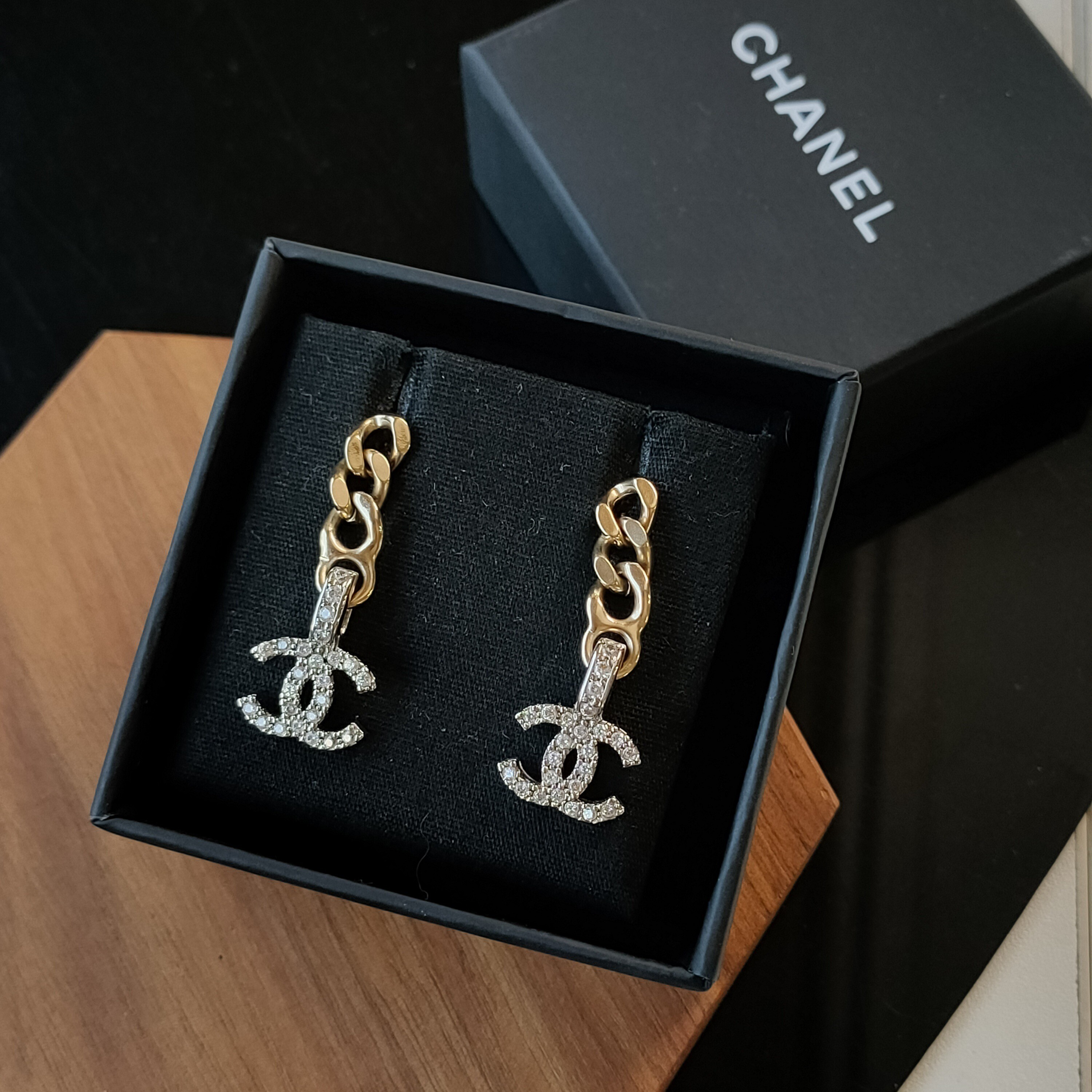 99新 Chanel/香奈儿 Azul-22S金属链条水钻双C吊坠耳钉44875