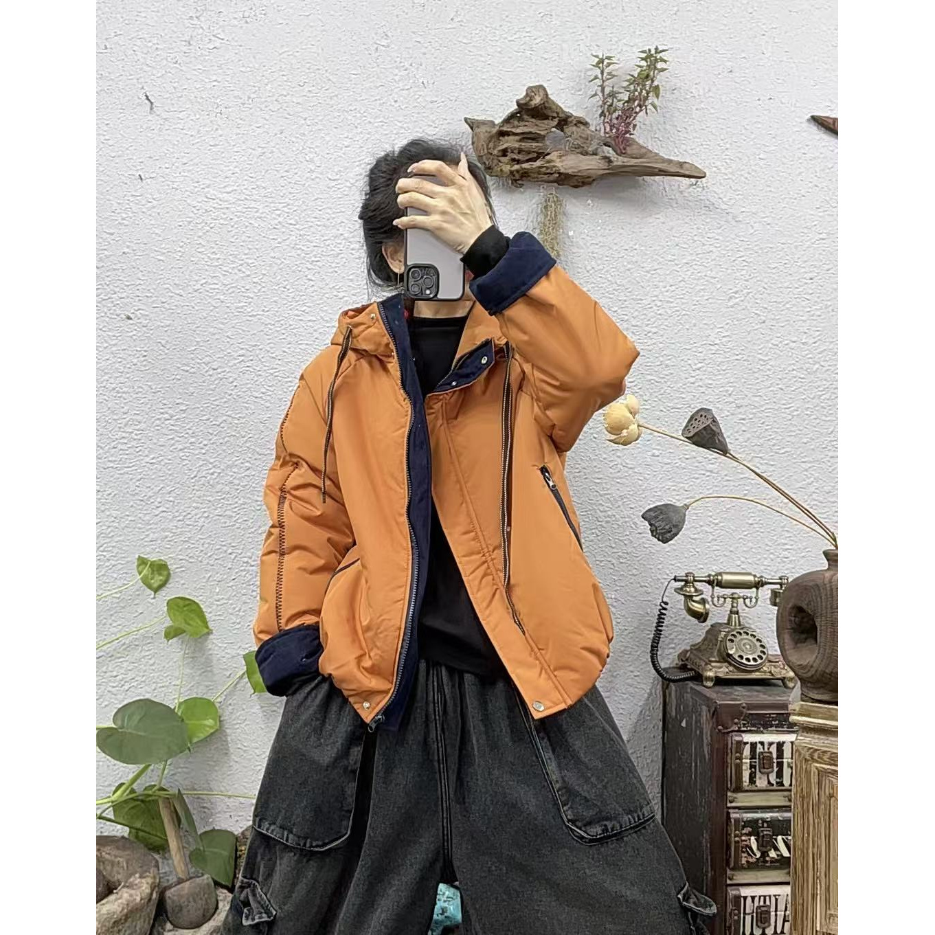 311202夹棉帽衫门襟袖口拼灯芯绒拉链口袋棉袄外套（长64胸围124