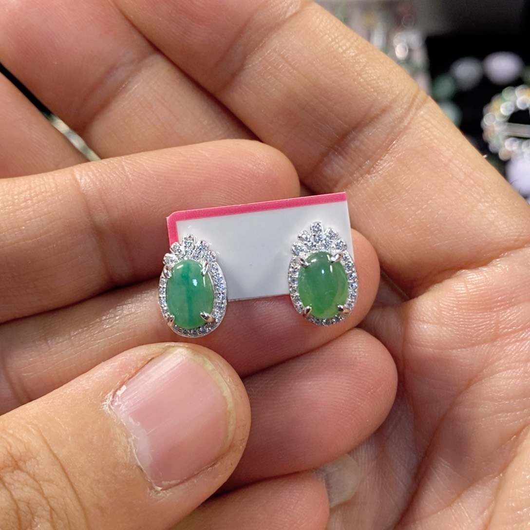 翡翠耳饰银S925镶嵌缅甸翡翠A货耳钉