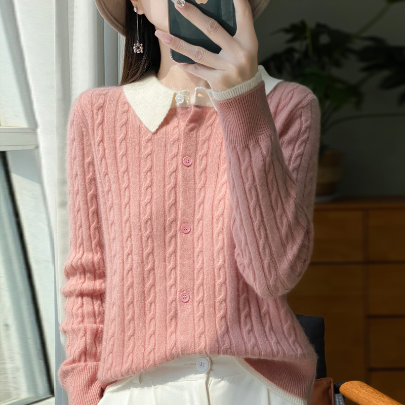 .减龄时尚款~秋冬时尚女新款翻领绞花拼色假两件纯羊绒衫