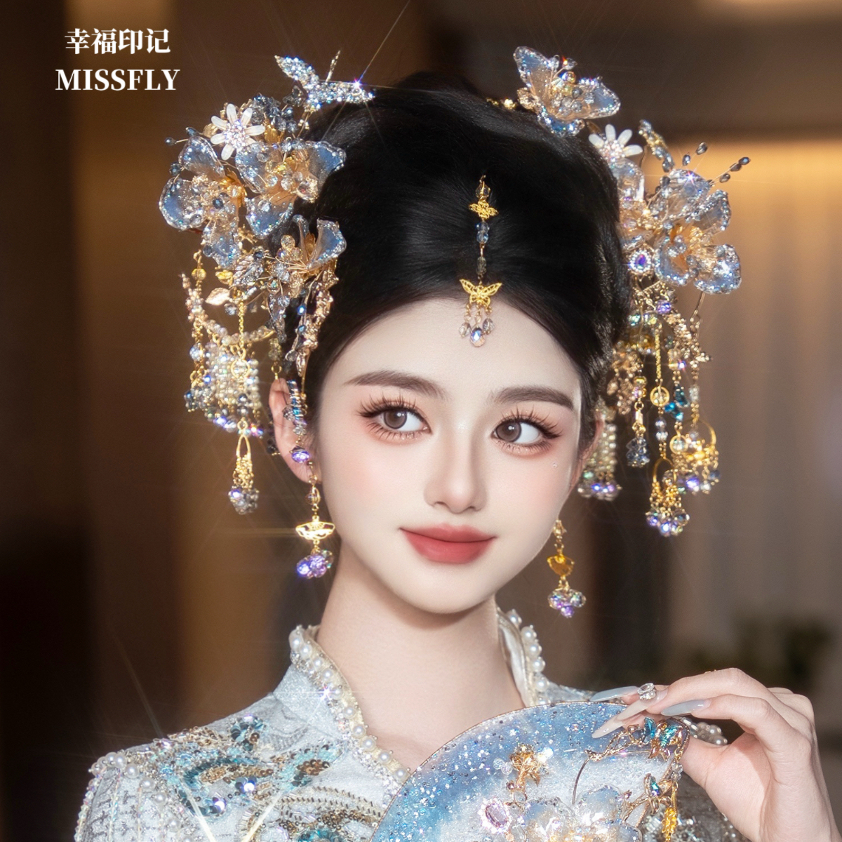 金蓝色秀禾头饰浅色新中式新娘婚礼水晶胶花朵发饰重工减龄高级感