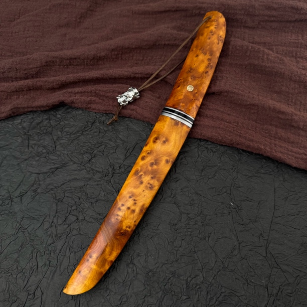 收藏级【崖柏武士】进口大马士革钢羽毛纹锻打户外水果刀