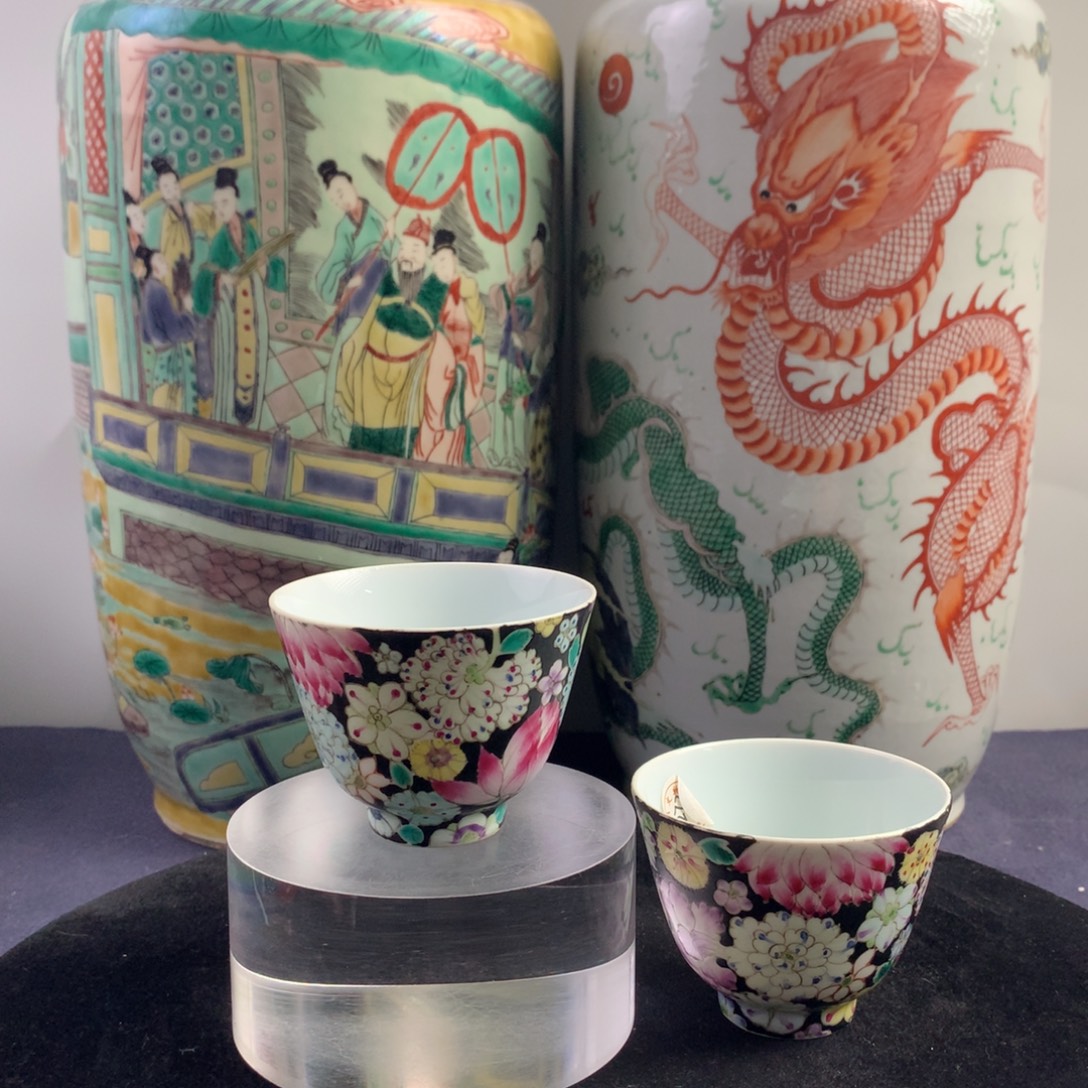 磊***哥其他陶7272瓷器—墨地粉彩百花纹杯一对