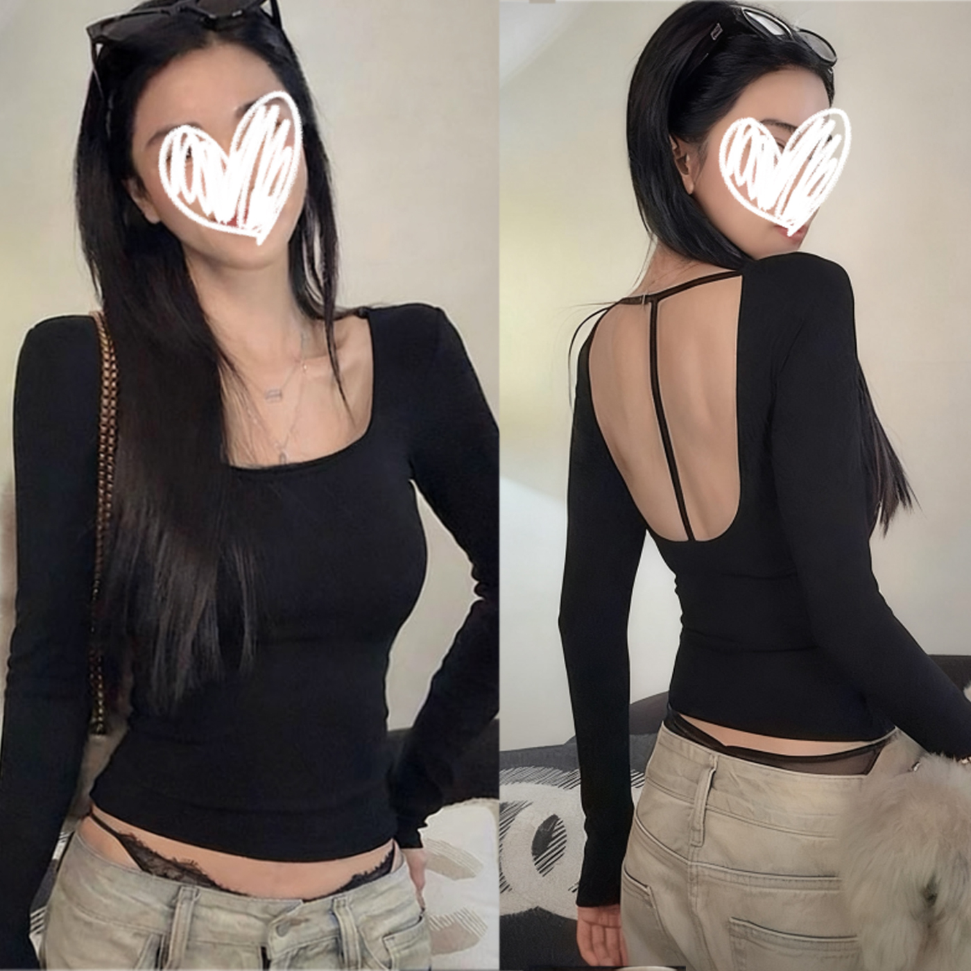 【带胸垫】秋冬新款设计感露背辣妹长袖打底衫加绒T恤显瘦内搭上衣