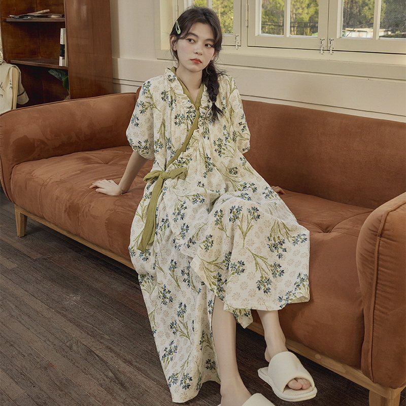 碎花少女睡衣裙带胸垫和服短袖睡裙宽松系带薄款中长款浴袍家居服