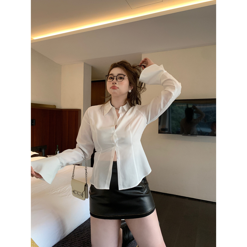 巨鹿工作室微胖定制 纯欲别致绑带白衬衫收腰显瘦长袖上衣