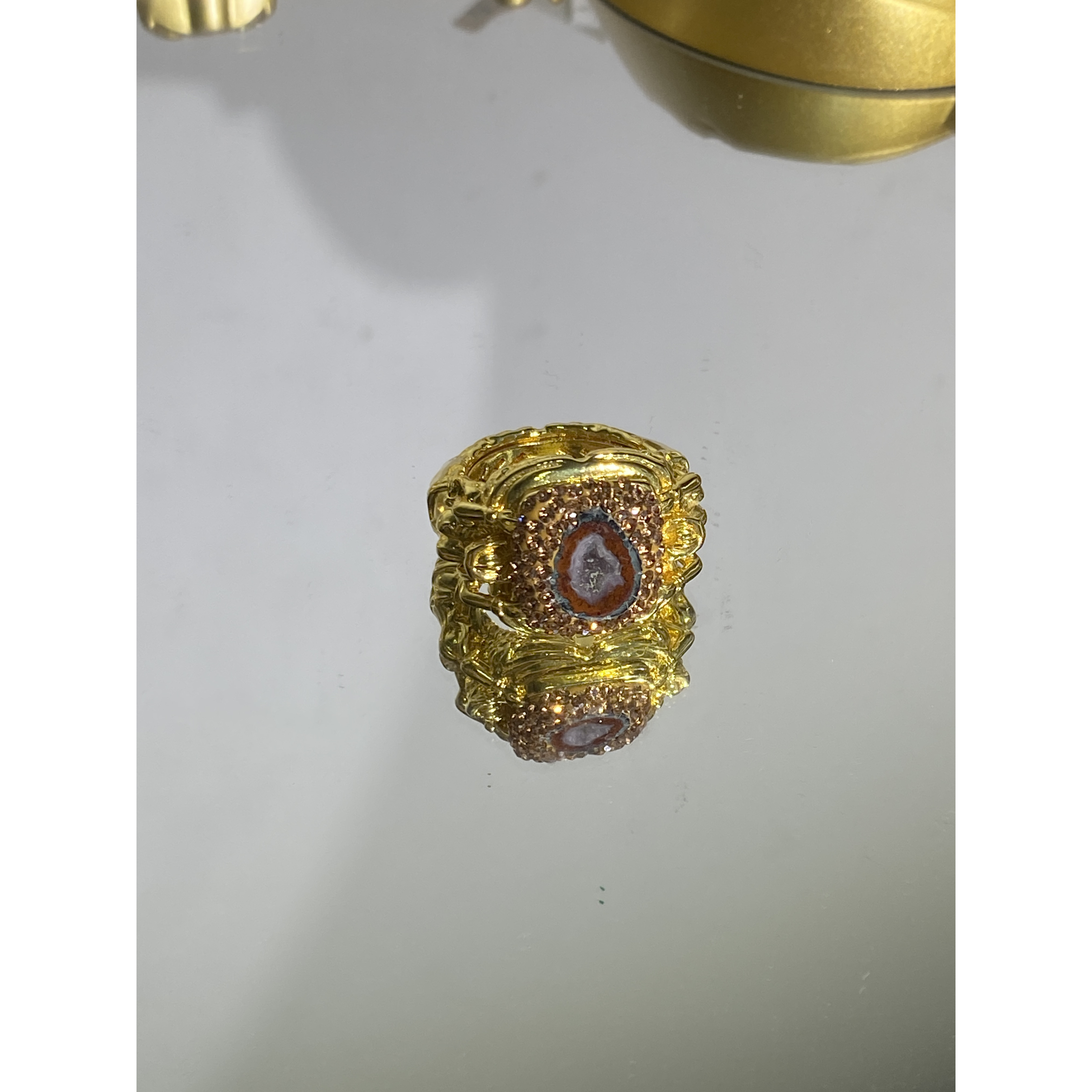 铜合金合成锆石戒指 金色红色复古镶嵌拼色时尚戒指3046