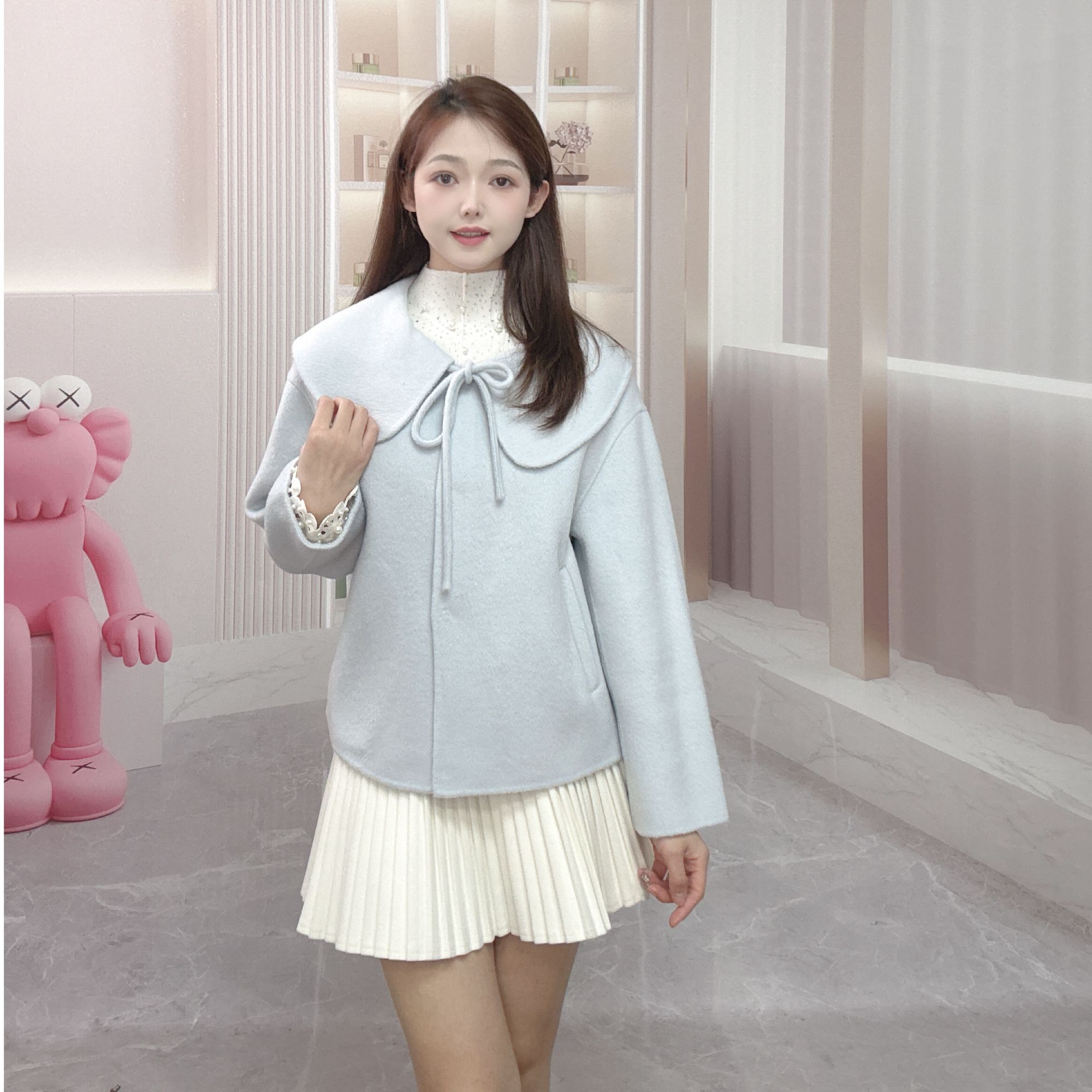 INS落肩袖纯色甜美少女风长袖毛呢短款外套4254326602