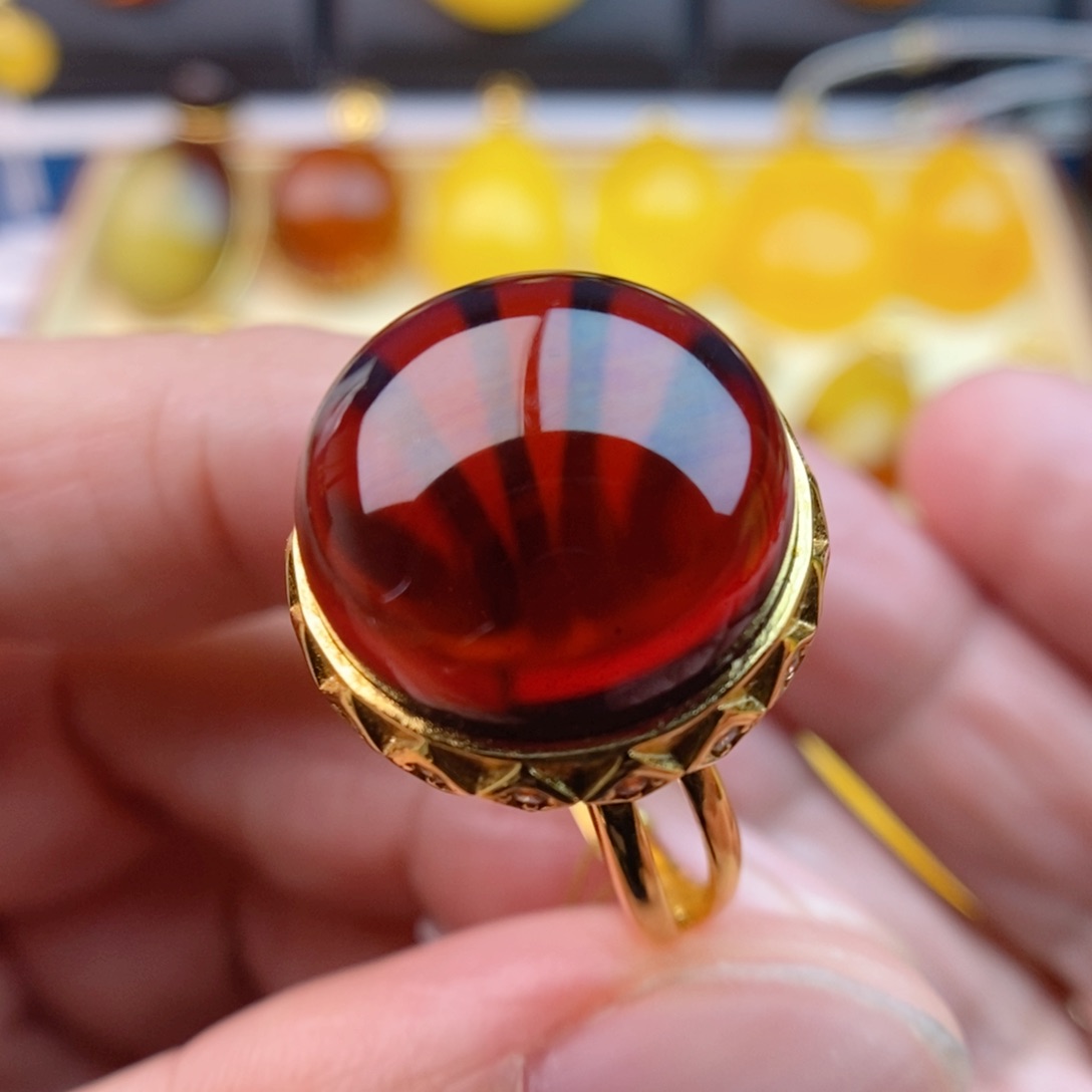 琥珀戒指银S925镀金镶嵌