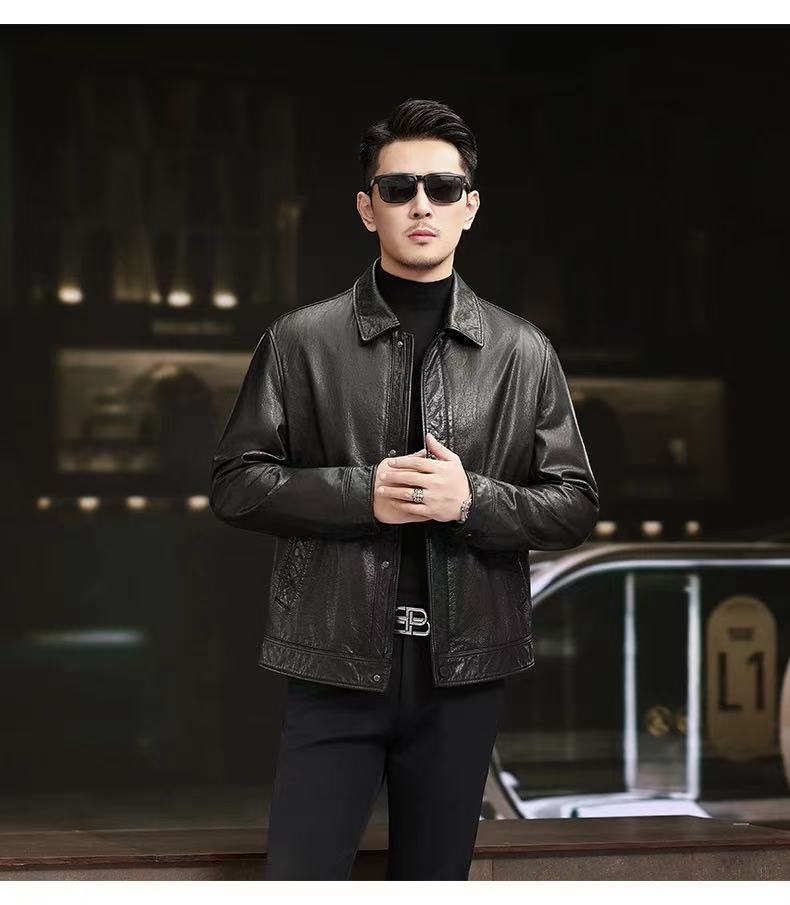 2025高端休闲商务免烫皮衣黑色翻领男薄款百搭纽扣四季通用男士