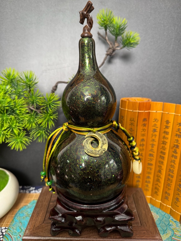 【壹葫 美景】绿宝金螺钿犀皮漆工艺 大漆酒葫芦仿古文玩摆件550ml