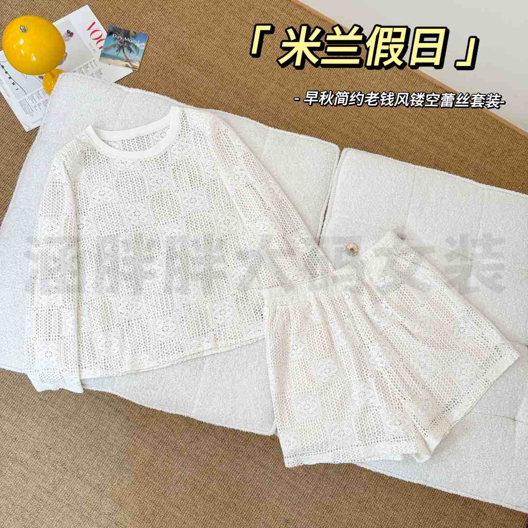 【涵胖胖】清*米兰假日~早秋简约老钱风镂空蕾丝套装KY25203-【Q】