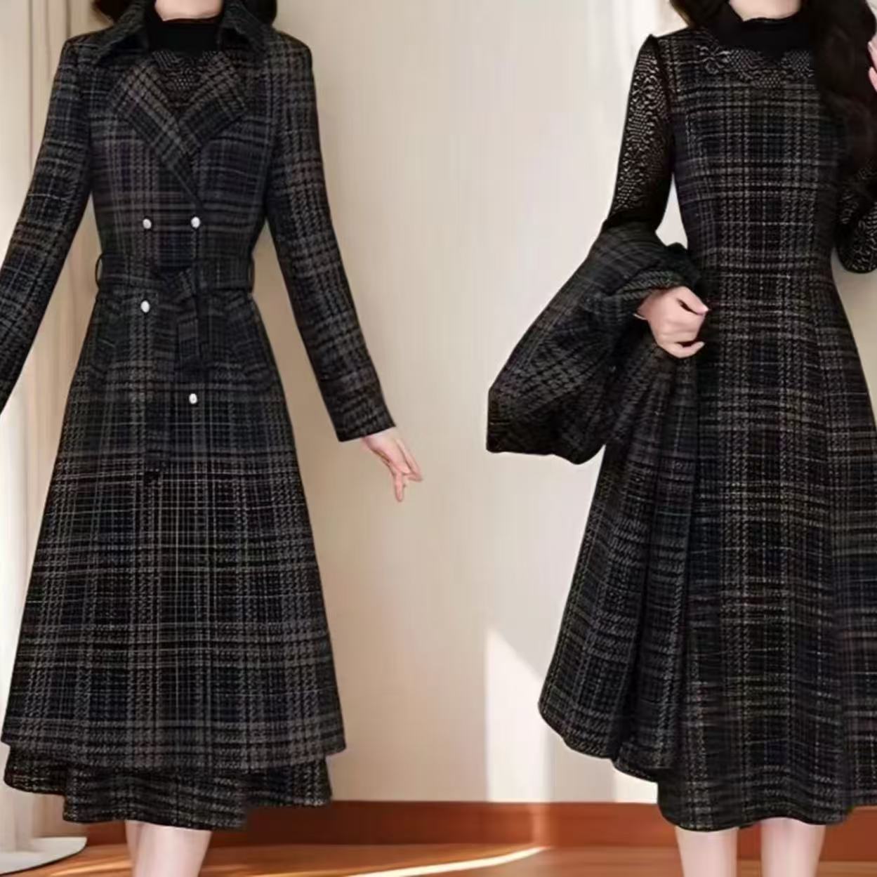 时尚格纹风衣外套连衣裙2025秋季新款显瘦气质减龄两件套