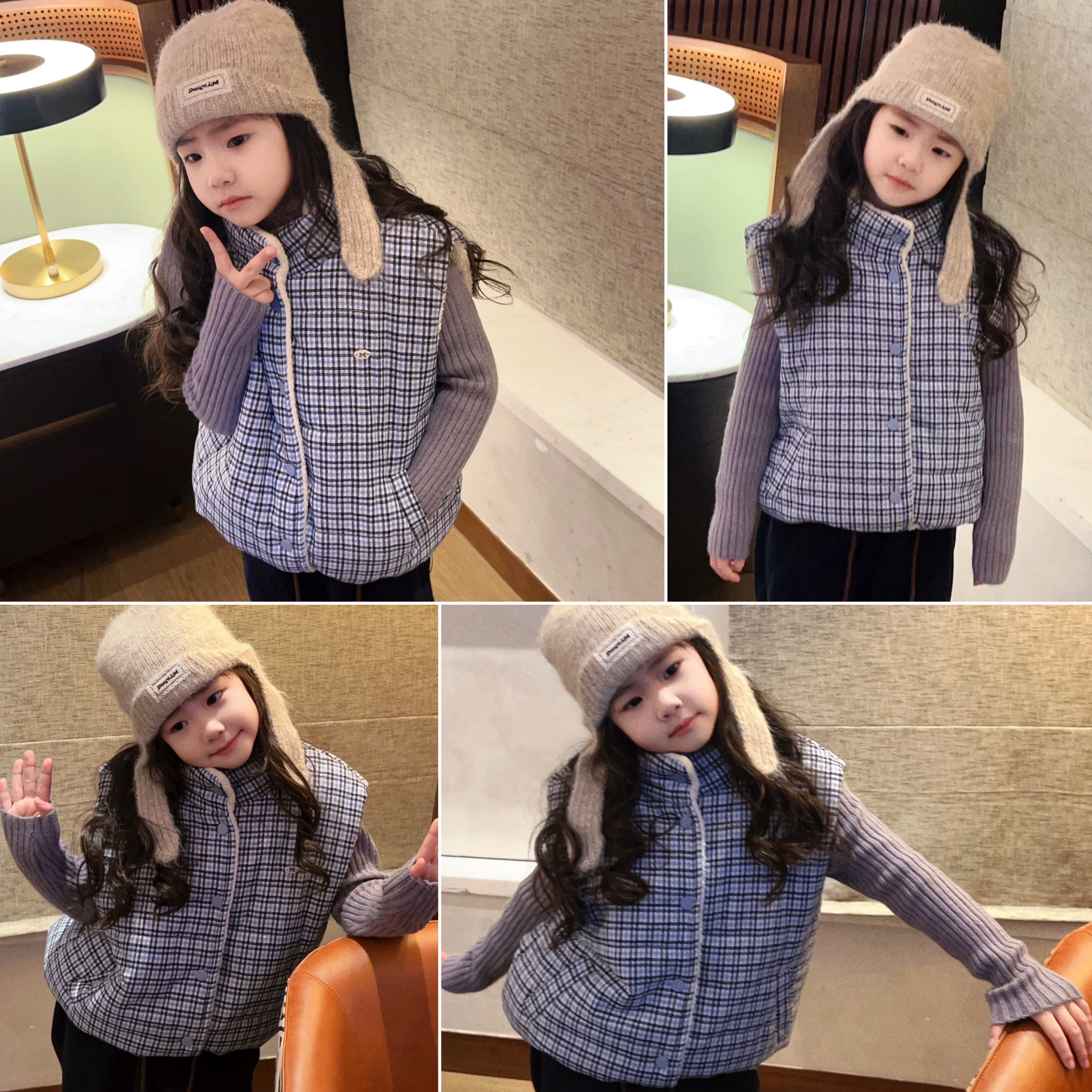 女童洋气格子冬季加厚绒棉马甲背心  25D037
