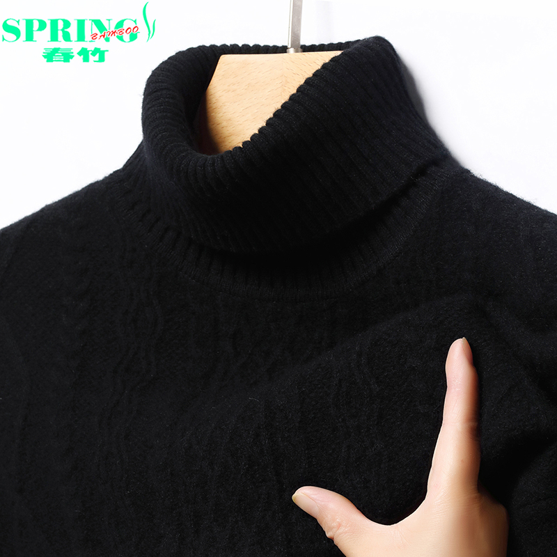 春竹100%纯羊绒衫男士冬季新款双股加厚可翻高领提花大红色针织衫