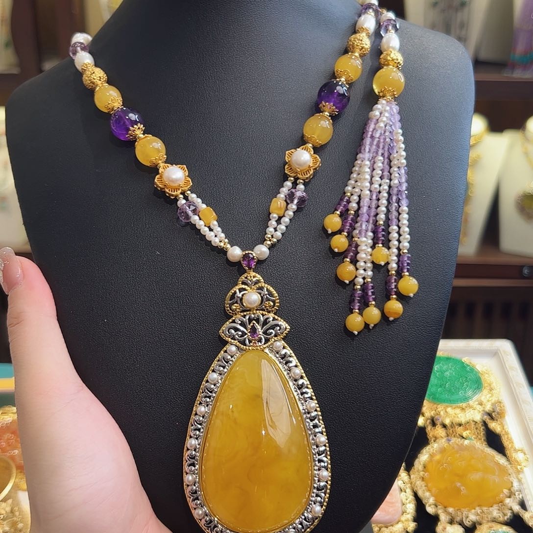 琥珀项链银S925镶嵌项链