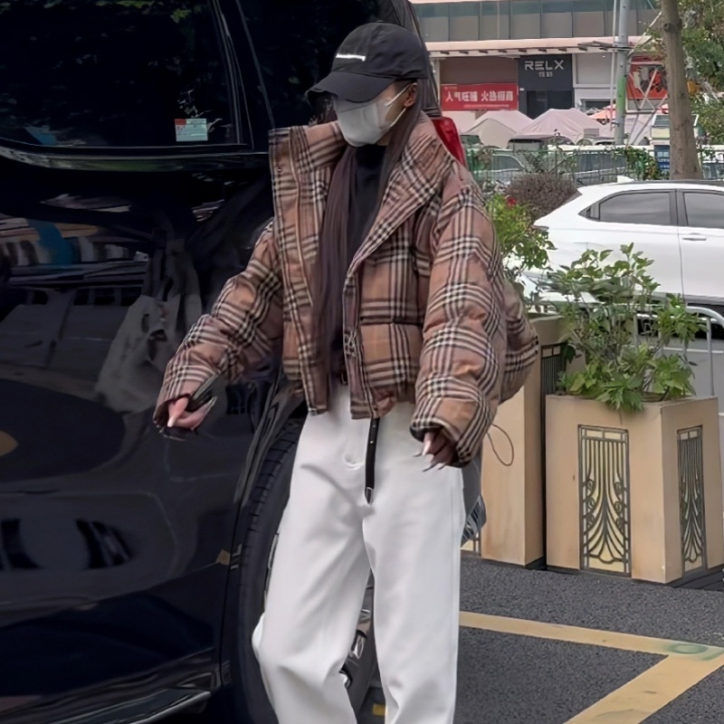 2025年冬季新款韩版格子小个子面包服时尚加厚保暖短款棉服女外套