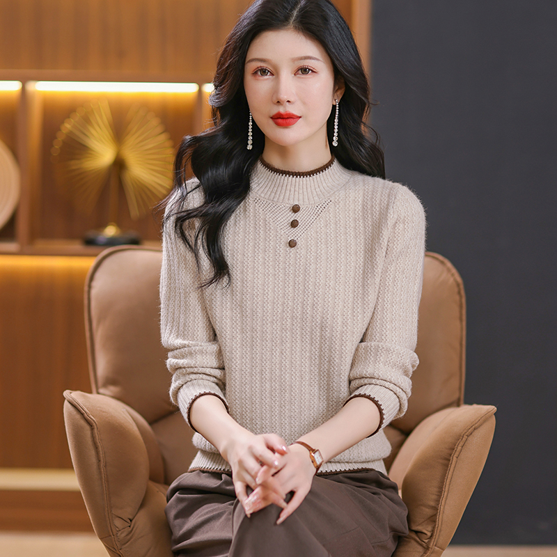 半高领针织衫厚款毛衣女装秋冬洋气中国风女式百搭打底衫保暖上衣