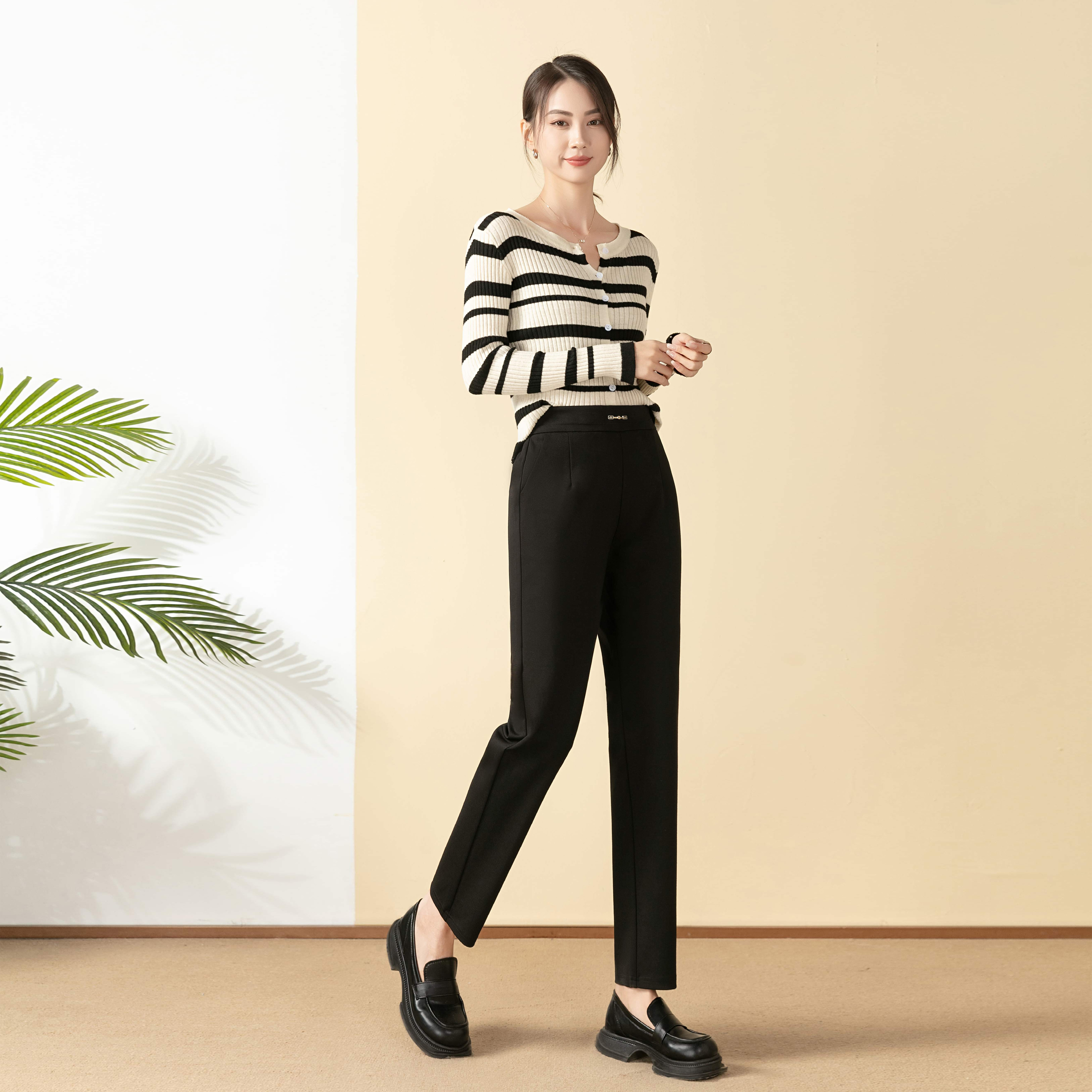 锦棉春秋加厚小直筒裤长九分裤显瘦弹力宽松高腰时装百搭时尚女裤