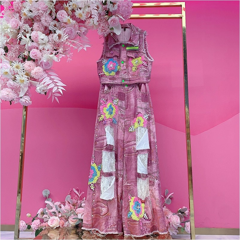 A3052欧美设计师2025秋季新款重工钉珠刺绣亮片花朵做破牛仔套装