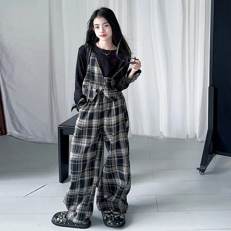 2025女童春秋新款黑色细闪上衣假两件格子拼接阔腿裤时髦炸街套装