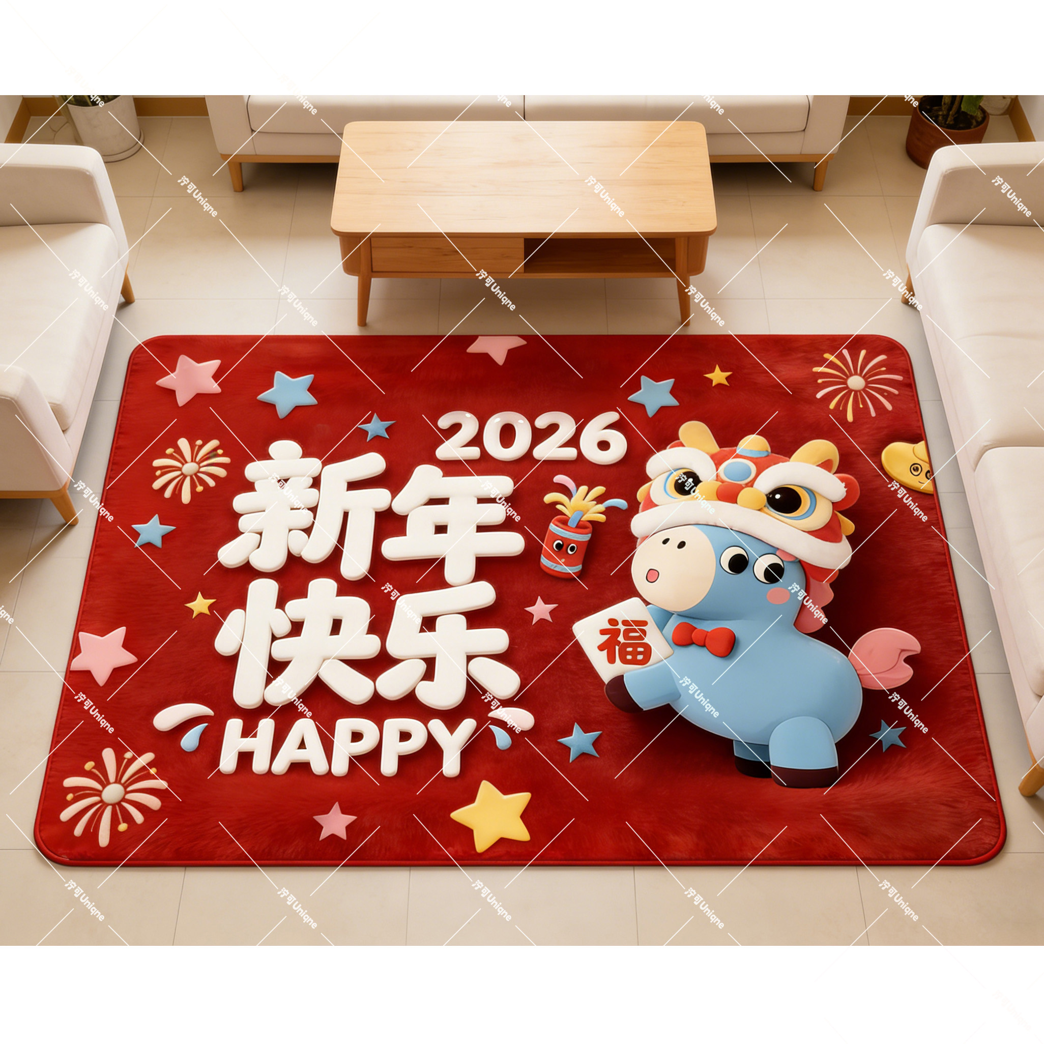 【60*90cm】醒狮小马新年快乐地垫红色入户门地垫喜庆浴室防滑脚垫