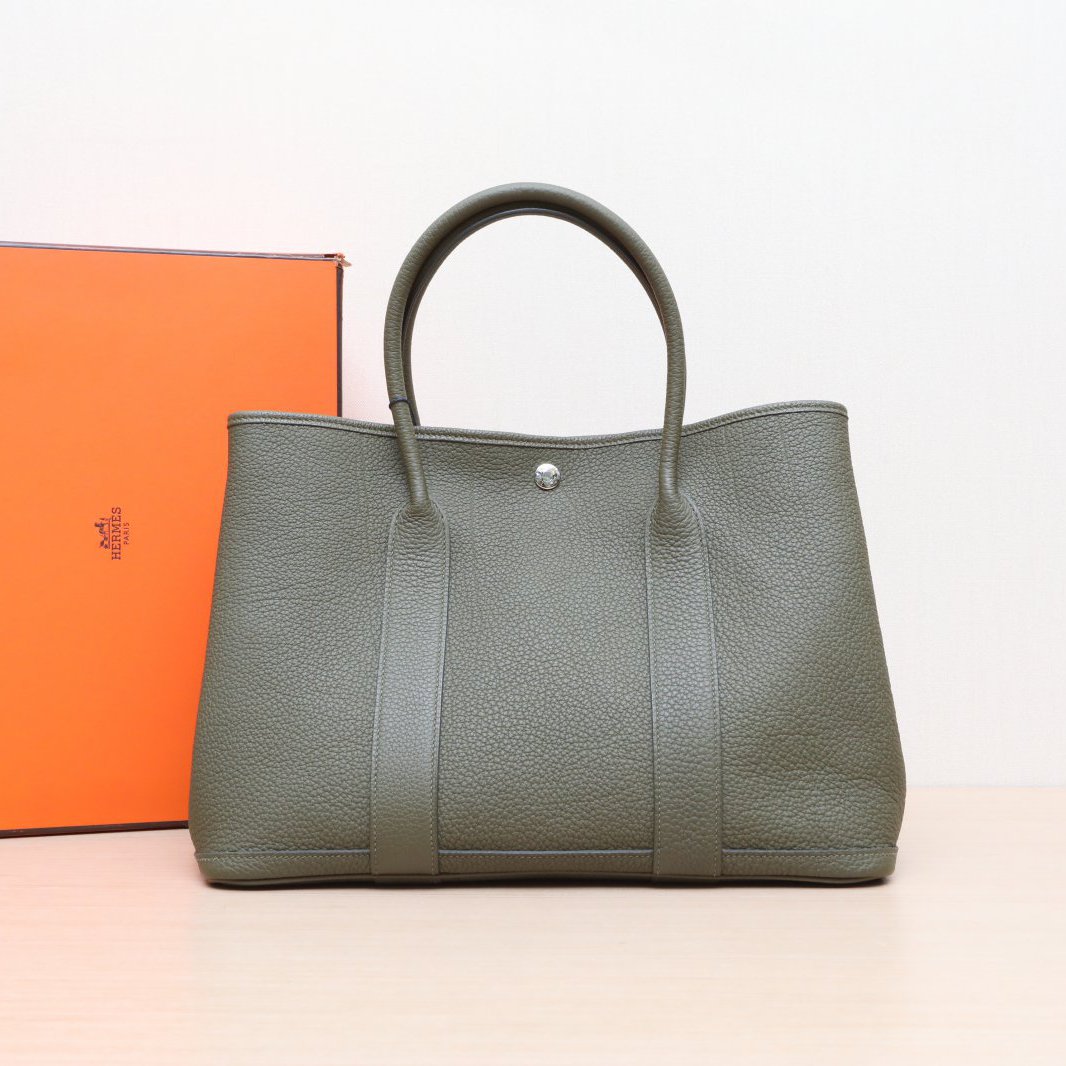99新 Hermes/爱马仕 小花双双花园包36橄榄绿 NEGONA皮 Y刻 银扣