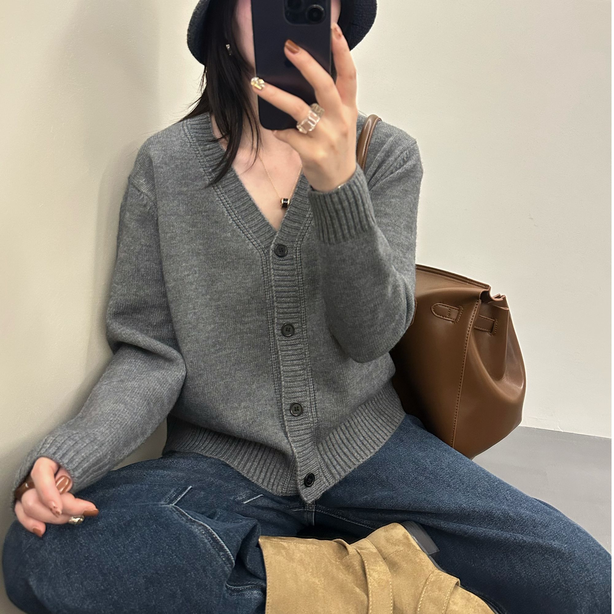 158新款纯色韩版宽松V领长袖针织开衫女显瘦休闲百搭