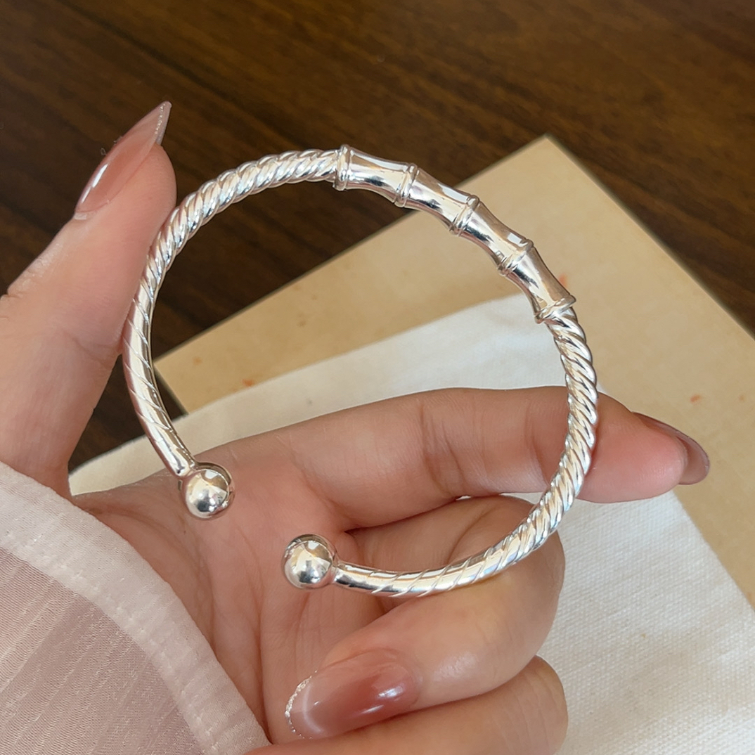 足银手镯 竹节纯银手镯足银999.9实心开口款光面扭纹手环