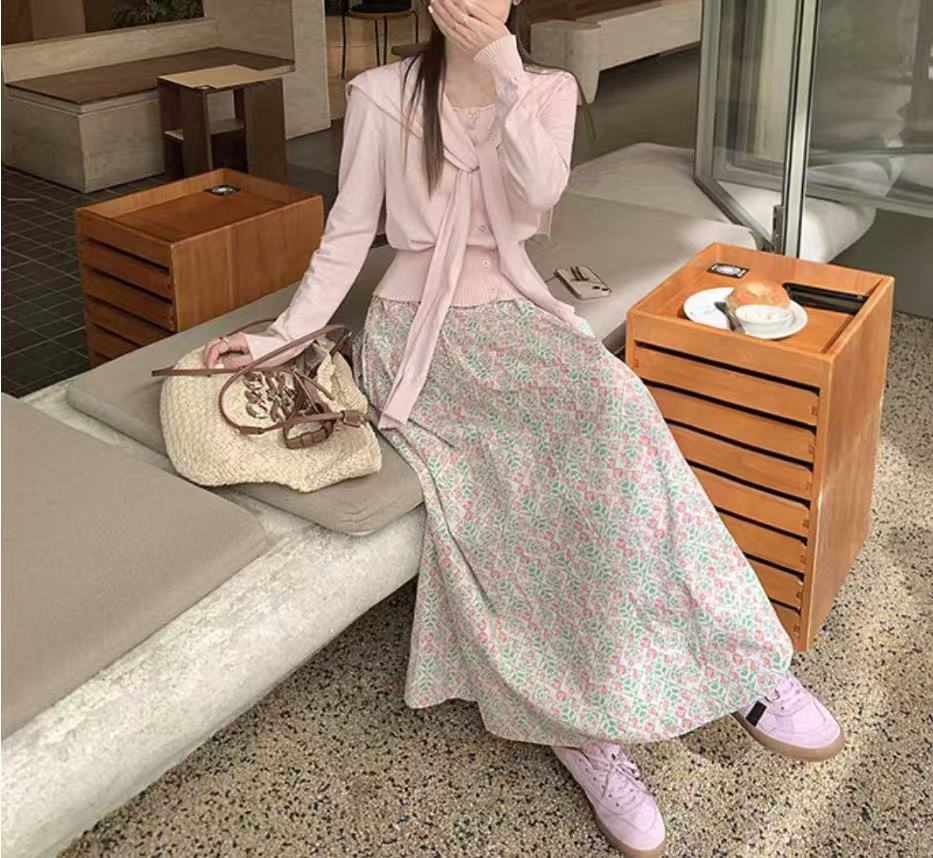 法式森系松紧带伞裙高腰显瘦印花碎花半身裙H6572