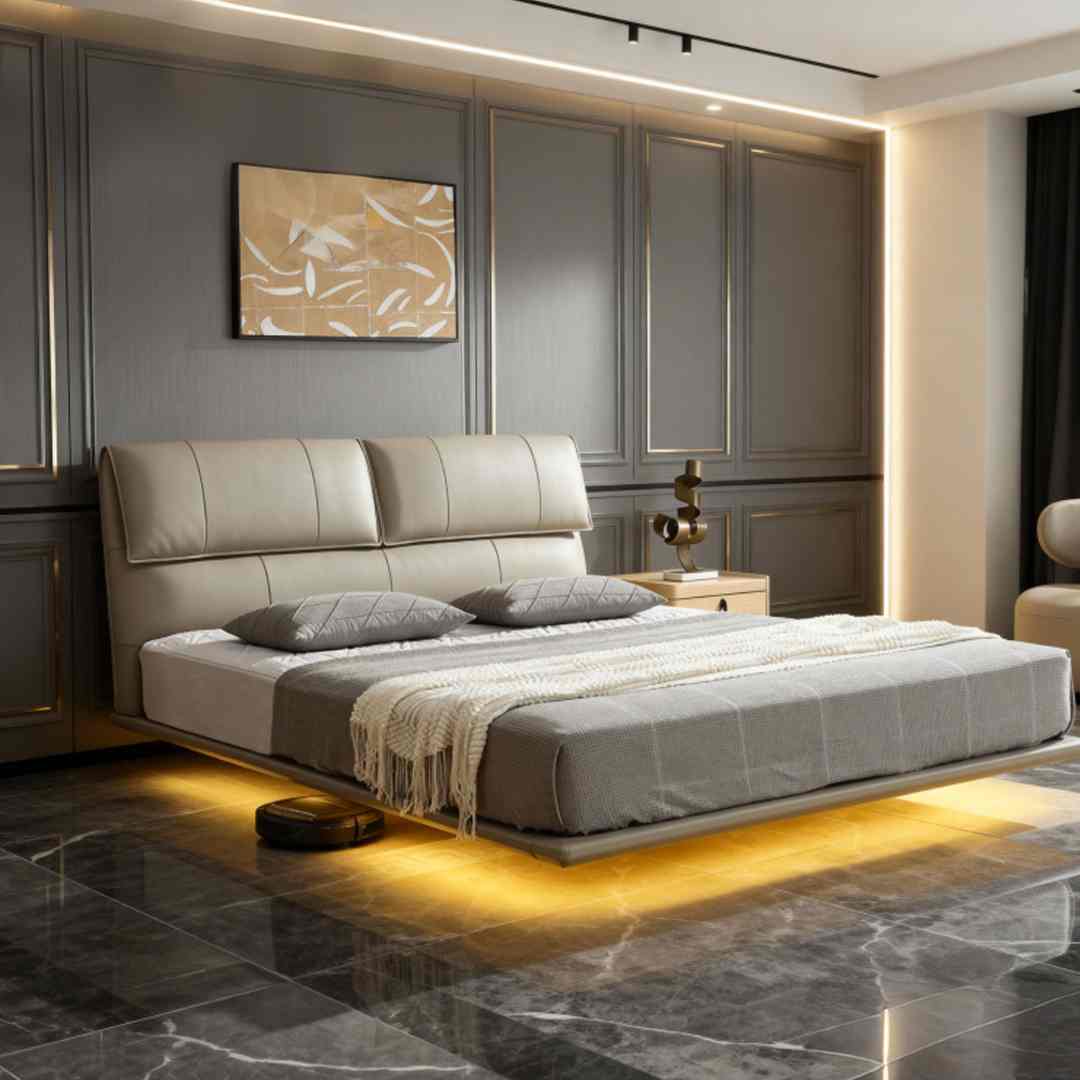 慕思现代简约悬浮床意式真皮床实木主卧简约现代软包极简婚床085
