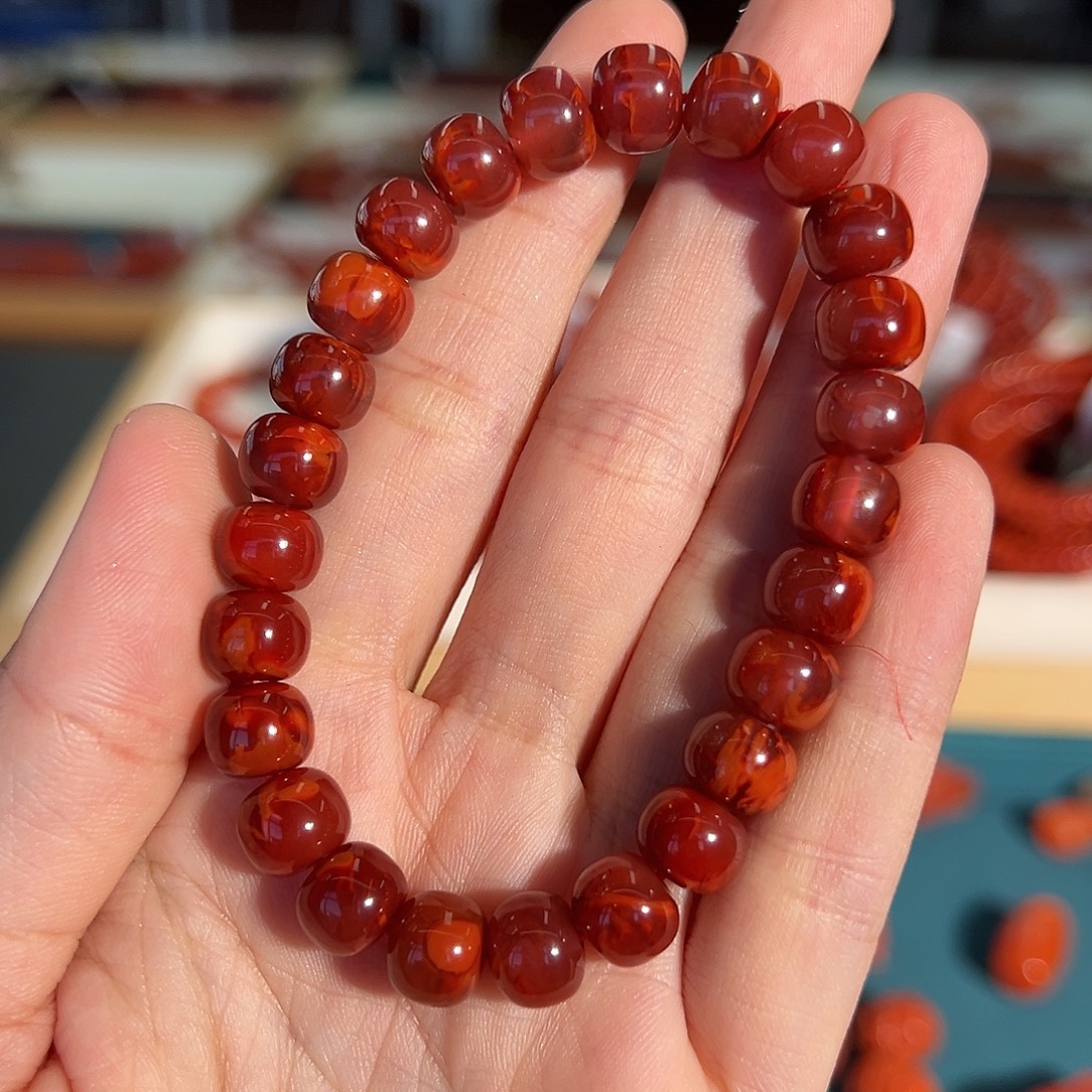 南红玛瑙未镶嵌手串九口牛血妖火焰8mm+收藏级