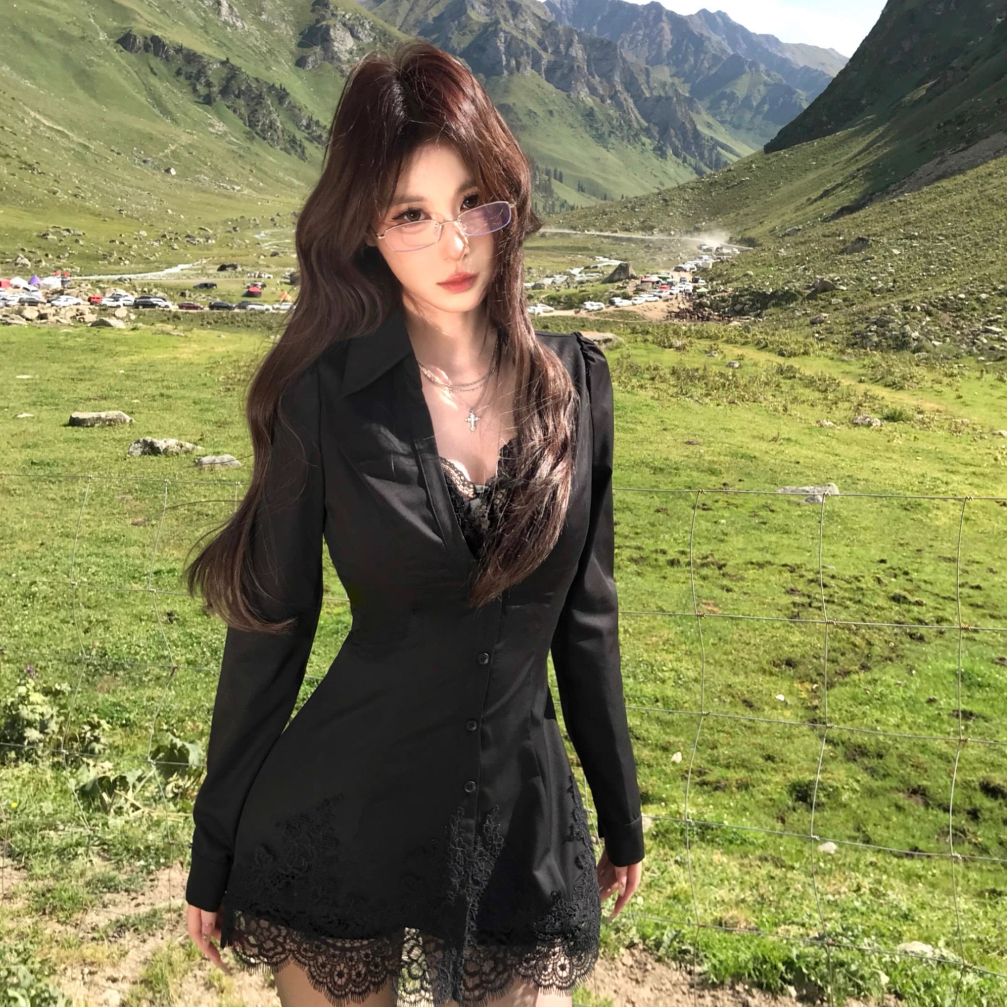 摩登教师】小众高级感女装名媛收腰蕾丝V领衬衫半裙套装