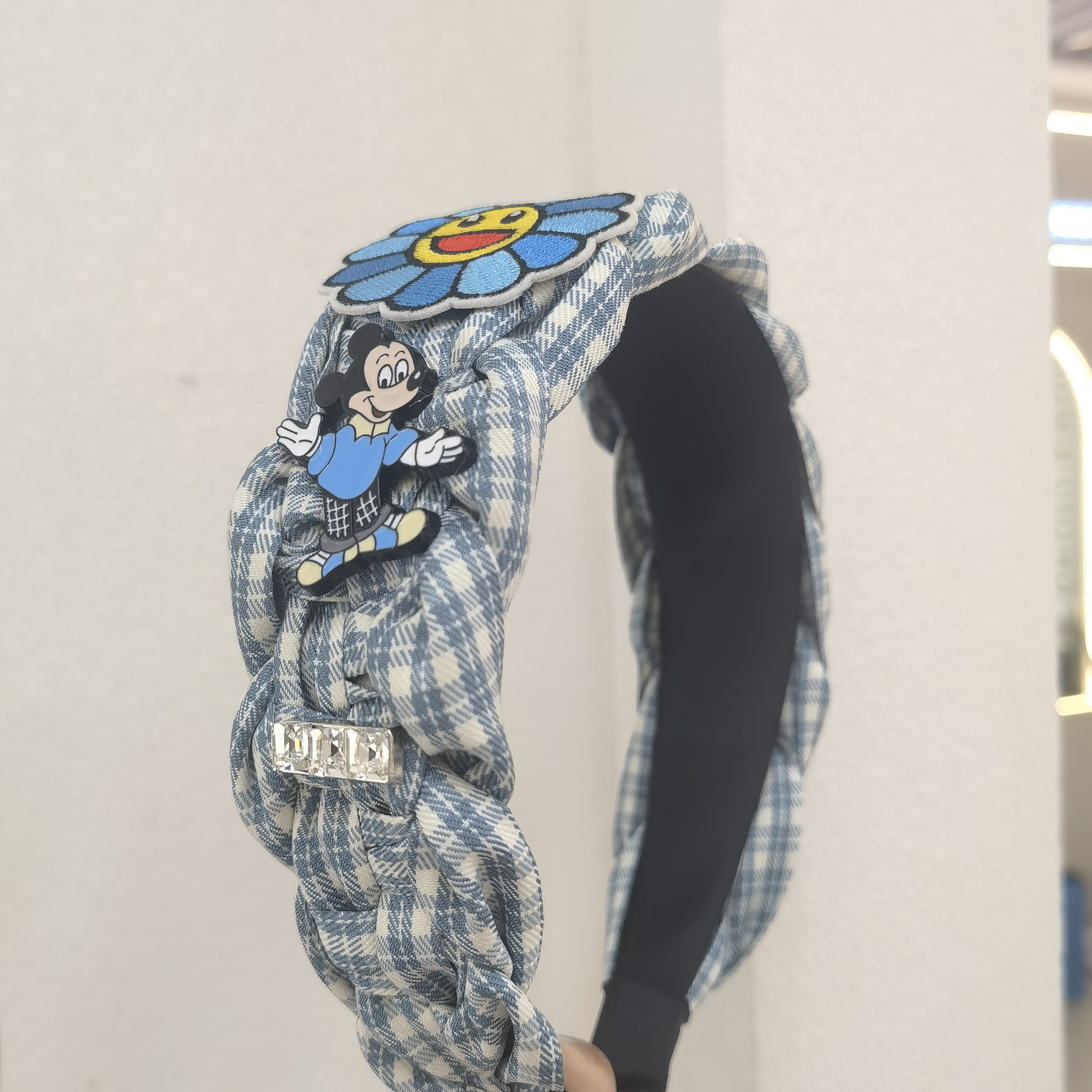 C552蓝色太阳花米奇格子宽面编织发箍