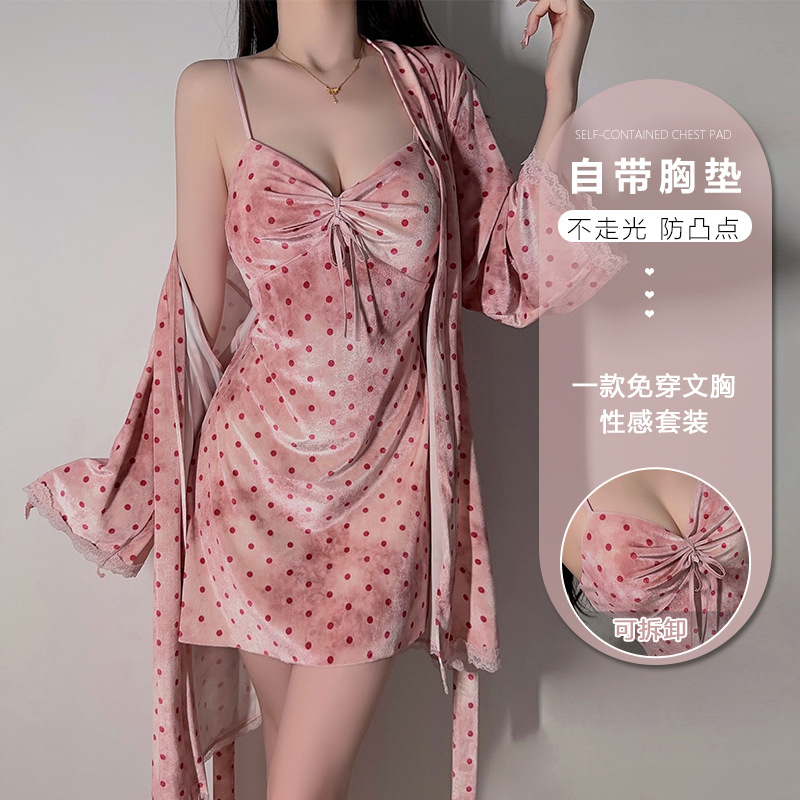 【80-140】轻奢丝绒波点印花睡裙修身深V加胸垫甜美吊带裙外袍套装